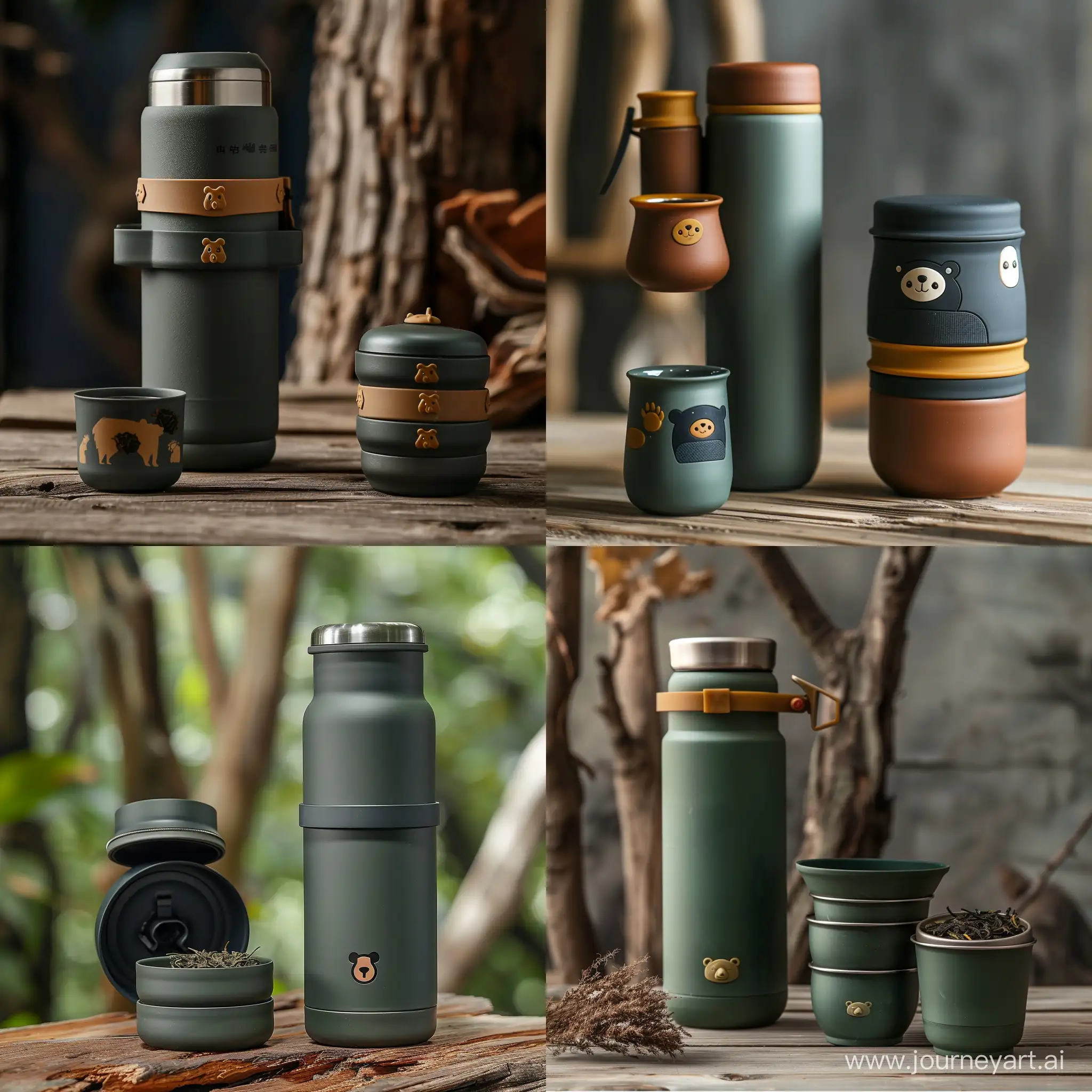 Dimensions is Height approximately 15cm, Diameter around 8cm, Travel thermos flask and tea cup material will made of Stainless steel and PP plastic lid,Travel thermos flask and cups should be stackable for storage, possibly from the bottom or top, Include a special compartment for storing tea leaves, Implement a camping-style folding handle design, Incorporate the theme of the Taiwanese black bear into the design, particularly on the cup lid