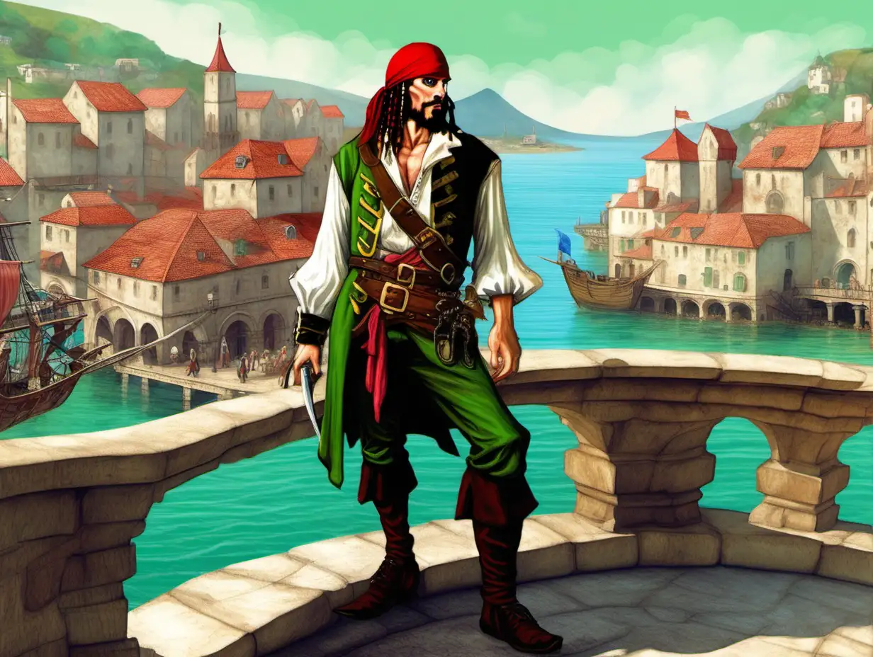 Pirate Man on a Stone Terrace Pier in a Medieval Fantasy Town