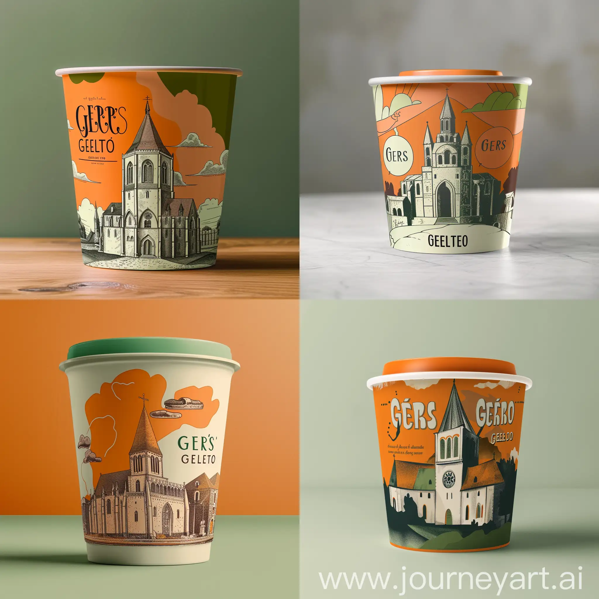 design for take-away ice cream tub, modern image of 13th century French church on tub, name of ice cream is Gers Gelato, writing in large modern font, colour scheme orange and green