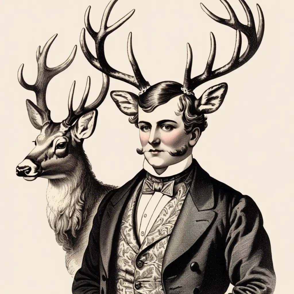 Victorian Gentleman with Deer Head Vintage Illustration