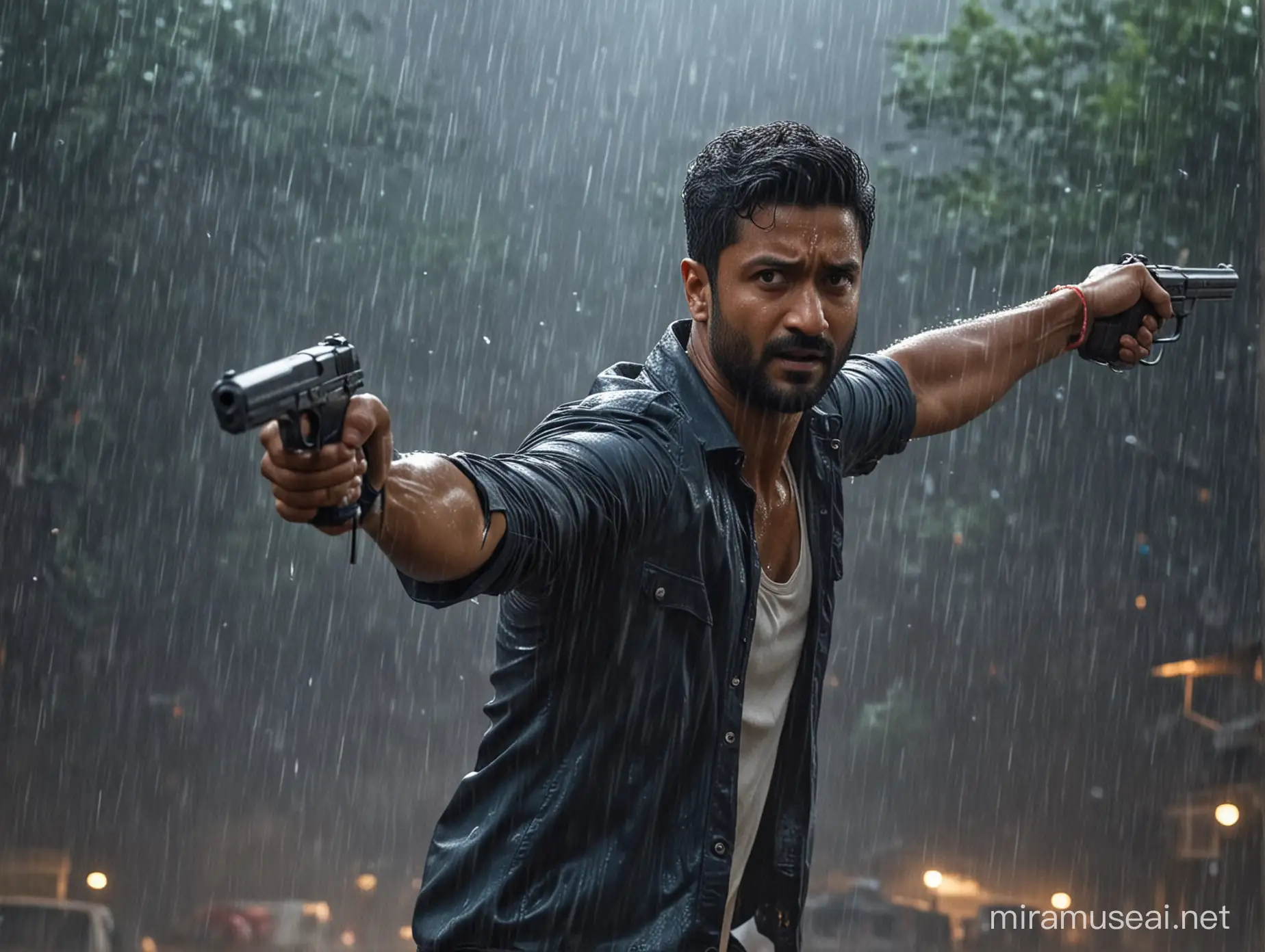 Muscular Vicky Kaushal is saving his 7 year old daughter from goons who are trying to kill her. He has a gun in his hand.  Its raining heavily along with dangerous lightning. 