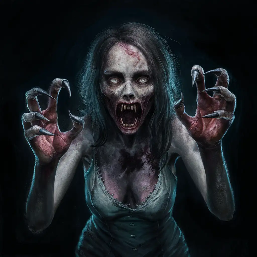 A hauntingly realistic scene of a nightmarish hungry zombie woman with clawed hands, her mouth agape, revealing a frightening display of pointed teeth resembling predatory fangs. She appears to be lurching towards you with long, pointed nails that are almost grotesquely reminiscent of beast claws. The woman's pale, rotting skin seems to glow in the darkness, accentuating her unnatural, zombie-like appearance. The surrounding environment is shrouded in darkness