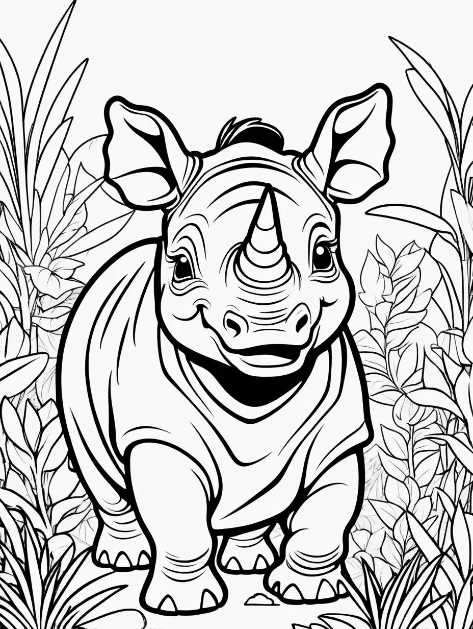 Adorable Baby Rhino Sketch Surrounded by Plants