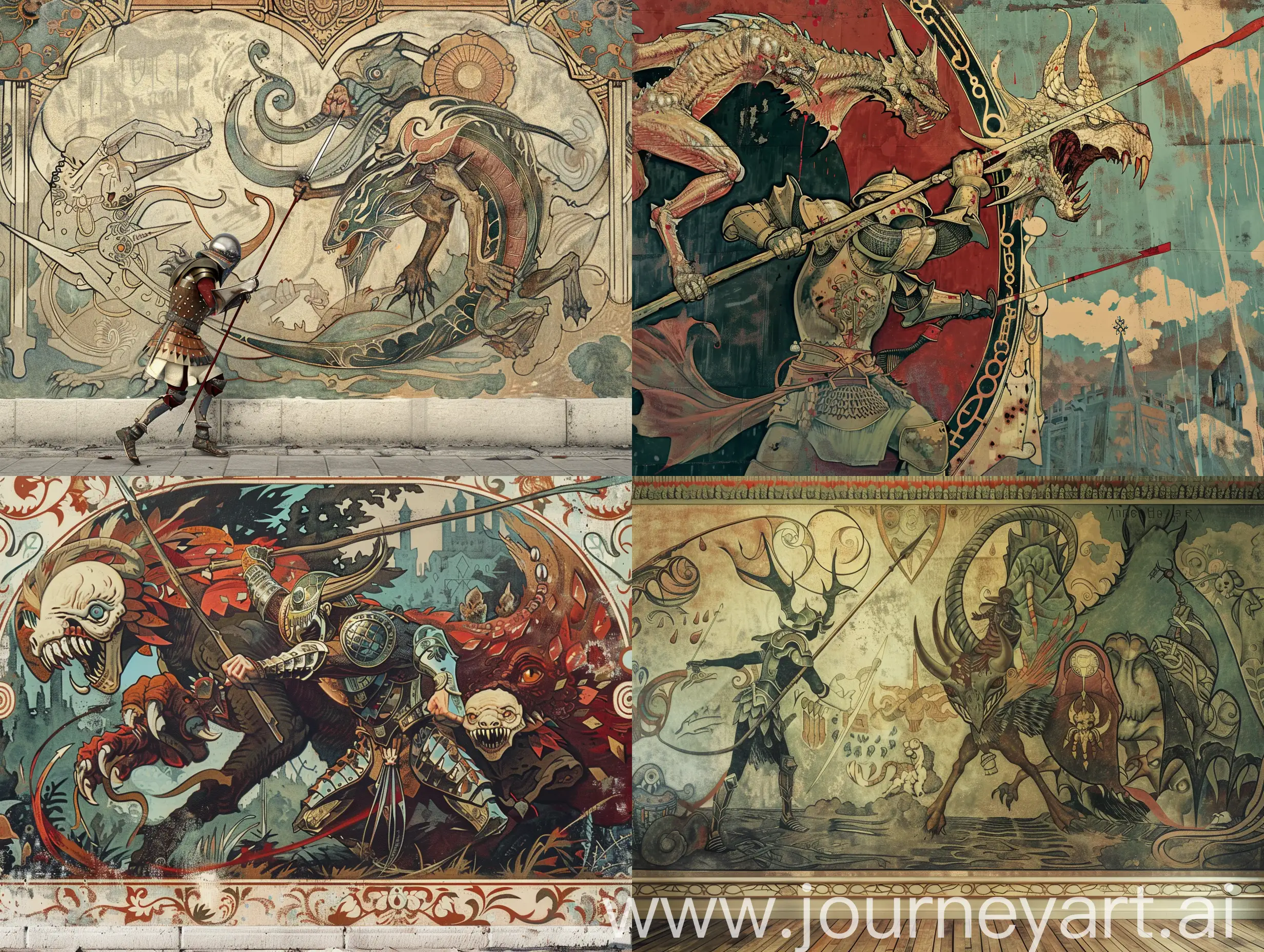 a mural on the wall depicting a battle scene of a warrior in armor with a spear against a two-headed scary monster. the mural on the wall. art nouveau style, Alphonse mucha style. fight, texture 8k.