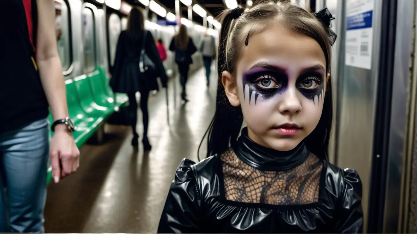 
 
shot with Nikon AF-S DX NIKKOR 35mm f/1.8G Lens in the street  

portrait of gothic  little girl 9 years old little girl, wearing cellophane halloween costume,   cellophane tights diffused light low pony hair clear eyes  wearing    tights  with mom  nordic model, 
 in the subway diffused neon lights
, elle porte  des collants en cellophane  transparents, sa maman Goth girl. Neon lights.  .  makeup flow, zoom face
wearing   shiny dress 
des hauts talons stiletto,  
 dans les couloirs du métro, beaucoup de néons et de lumières blanche

with mom  wearing     dress,    tights, [Highly Detailed]     
with high heels stiletto,  
look sad, make-up flow

lay on bench in subway, zoom legs, head on knees

suntanned skin, natural skin texture, (highly detailed skin:1.1), 
textured skin, (oiled shiny skin:0.5), 
 ,intricate skin details, visible skin detail, (detailed skin 
texture:1.1), mascara, (skin pores:1.1),  , skin fuzz, (blush:0.5), (goosebumps:0.5), translucent 
skin, (minor skin imperfections:1.2),    
(round iris:1.1), light reflections in her eye, visible cornea, highly detailed iris, remarkable detailed pupils 

portrait shot , zoom eyes

--v 6
