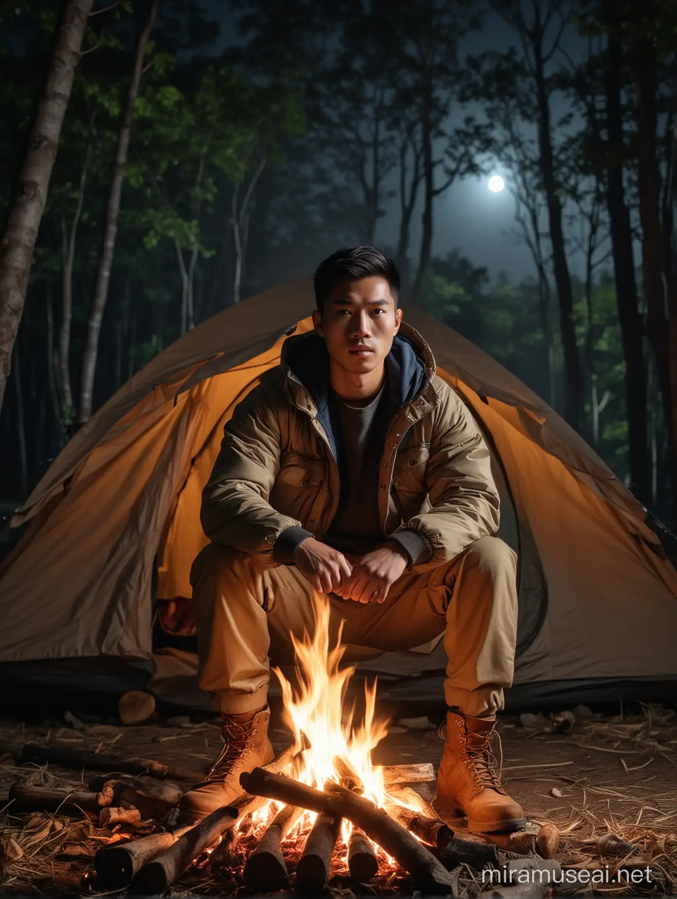 Dynamic Asian Man in Mountain Jacket by Night Bonfire