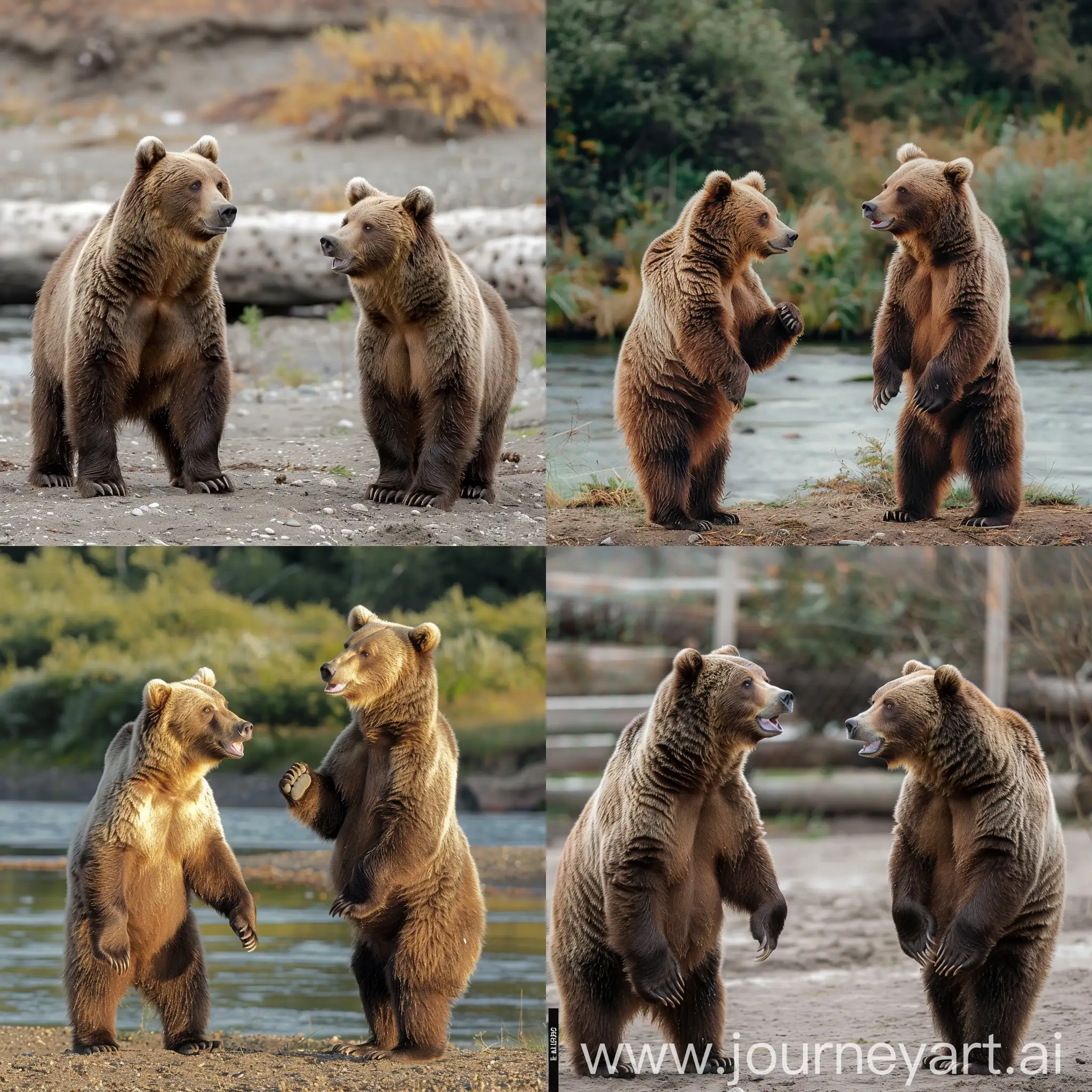 Два взрослых бурых медведя стоят и разговаривают, сказочный стиль