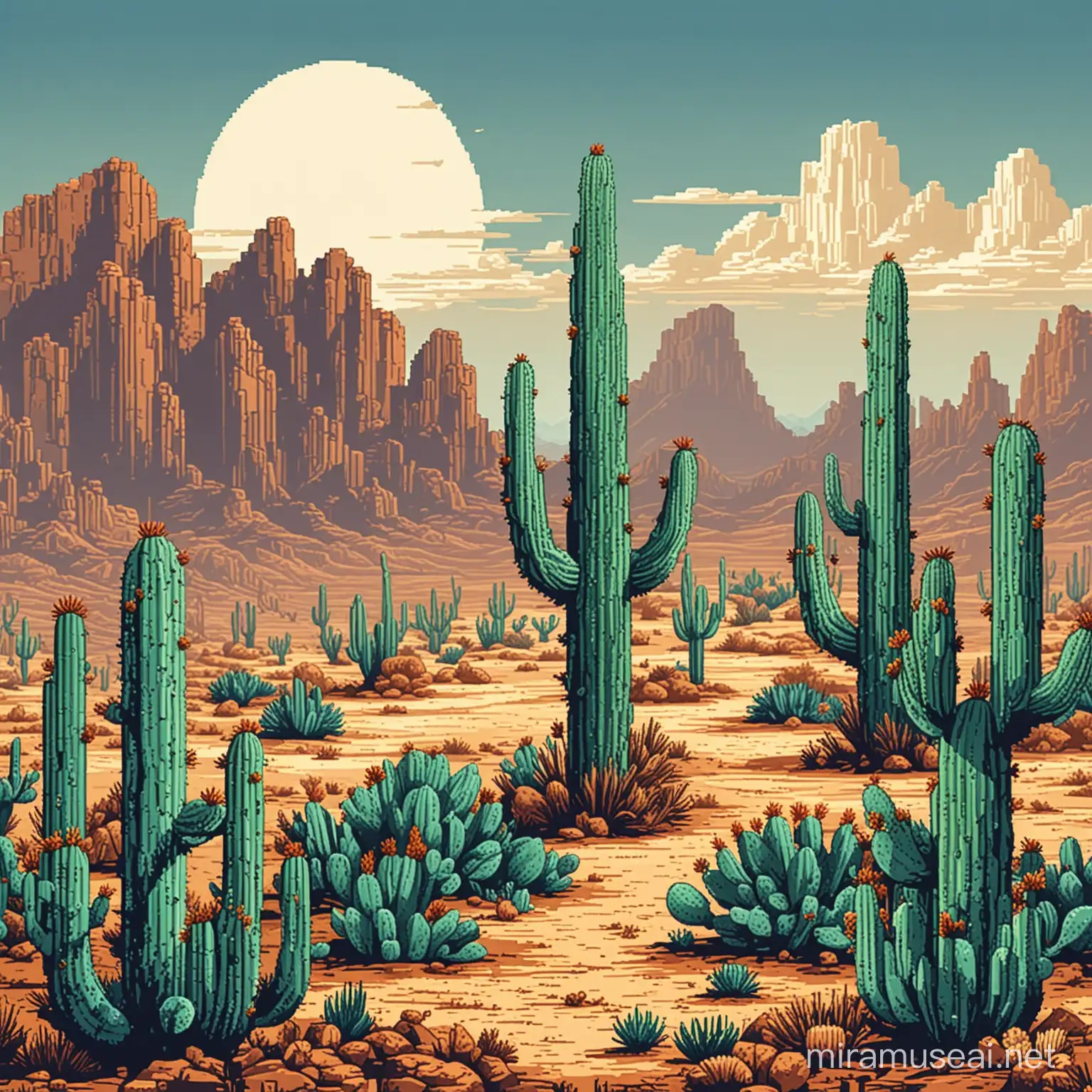 8Bit Pixel Art Desert Landscape with Cactus in Blue Brown and Green