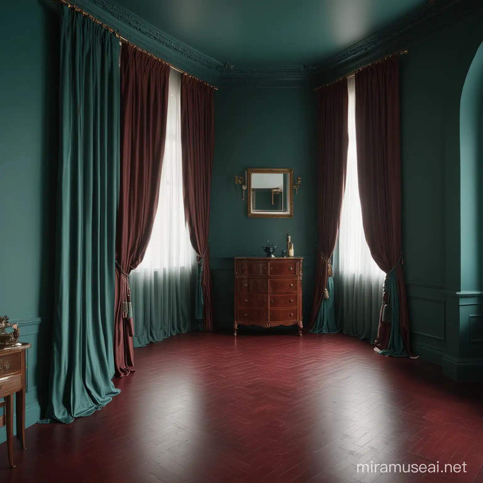 a rich room with burgundy floor-length curtains , with dark turquoise walls