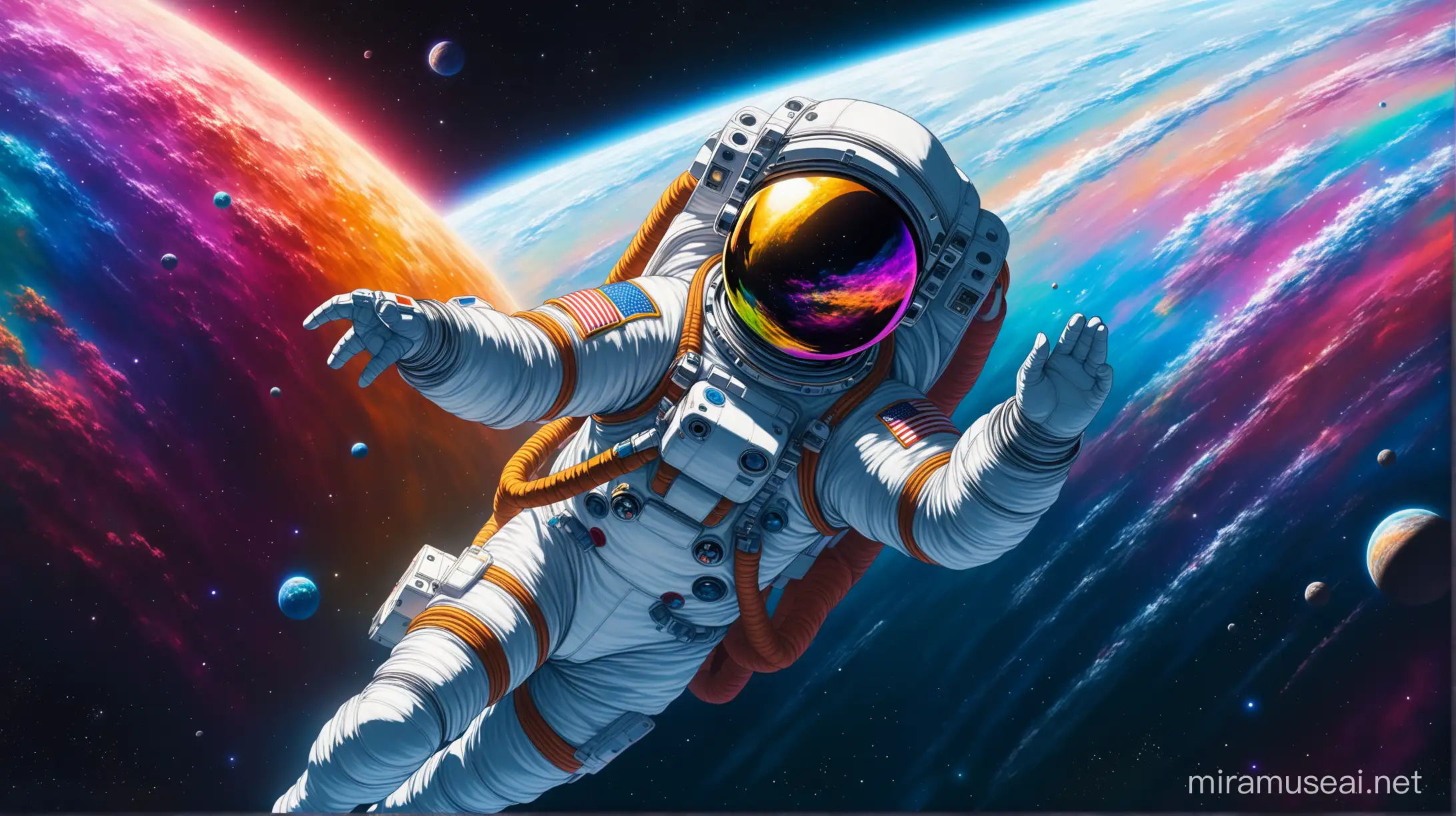an astronaut floating in space with a lot of colors, anime style, hyperrealistic, masterpiece
