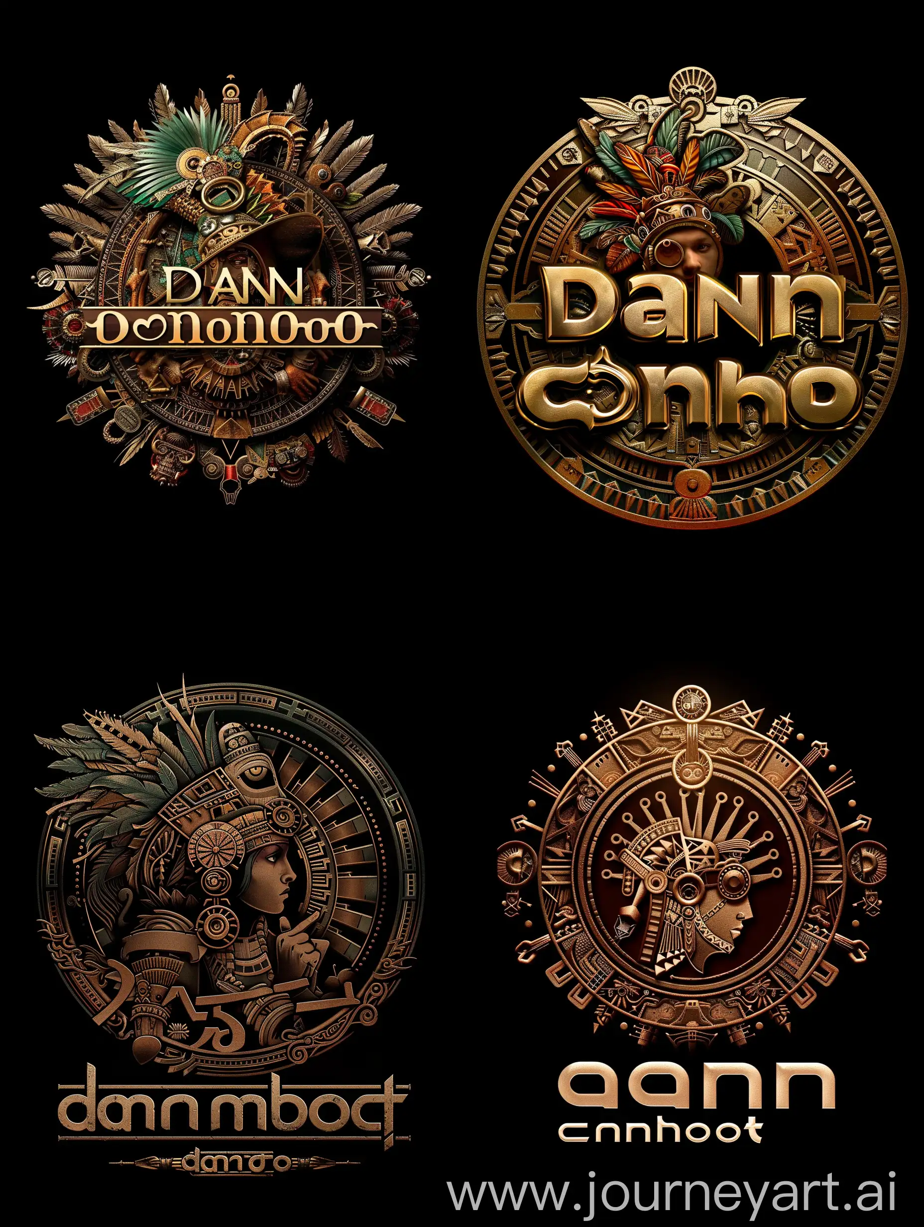 banner logo for my canva clone website called danphoto. that title should be front and center. vibe is steampunky and bohemian with an aztec and mayan influence. black background.
