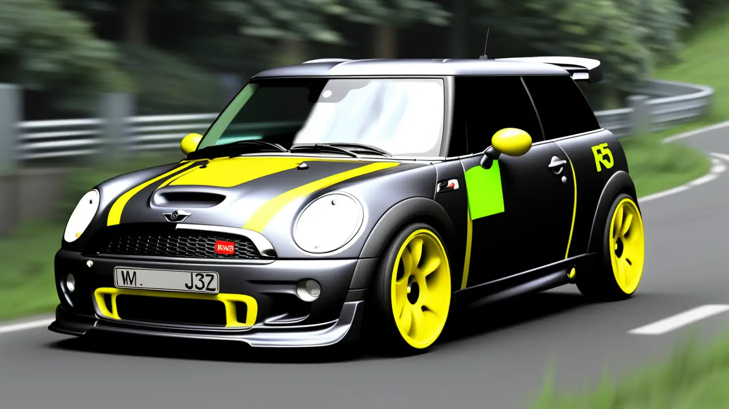 MINI R53 dark grey and neon yellow details on Nurburgring blurred. With licence plate number M52J980