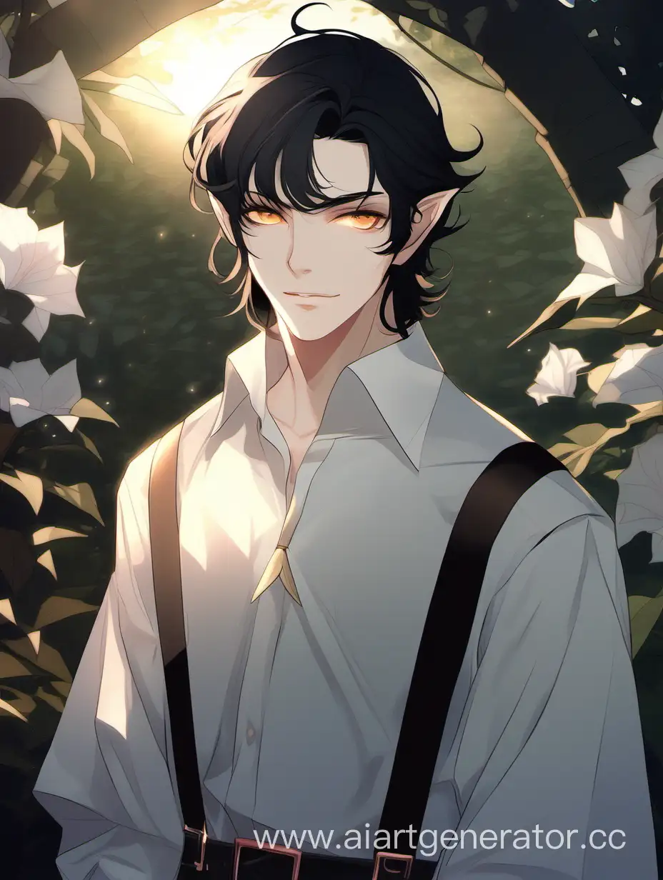 эльф подросток мальчик, черные волосы до плеч, низкий хвост с выбивающимися прядками, карие глаза, белая рубашка с широкими рукавами, на фоне сада в сумерках