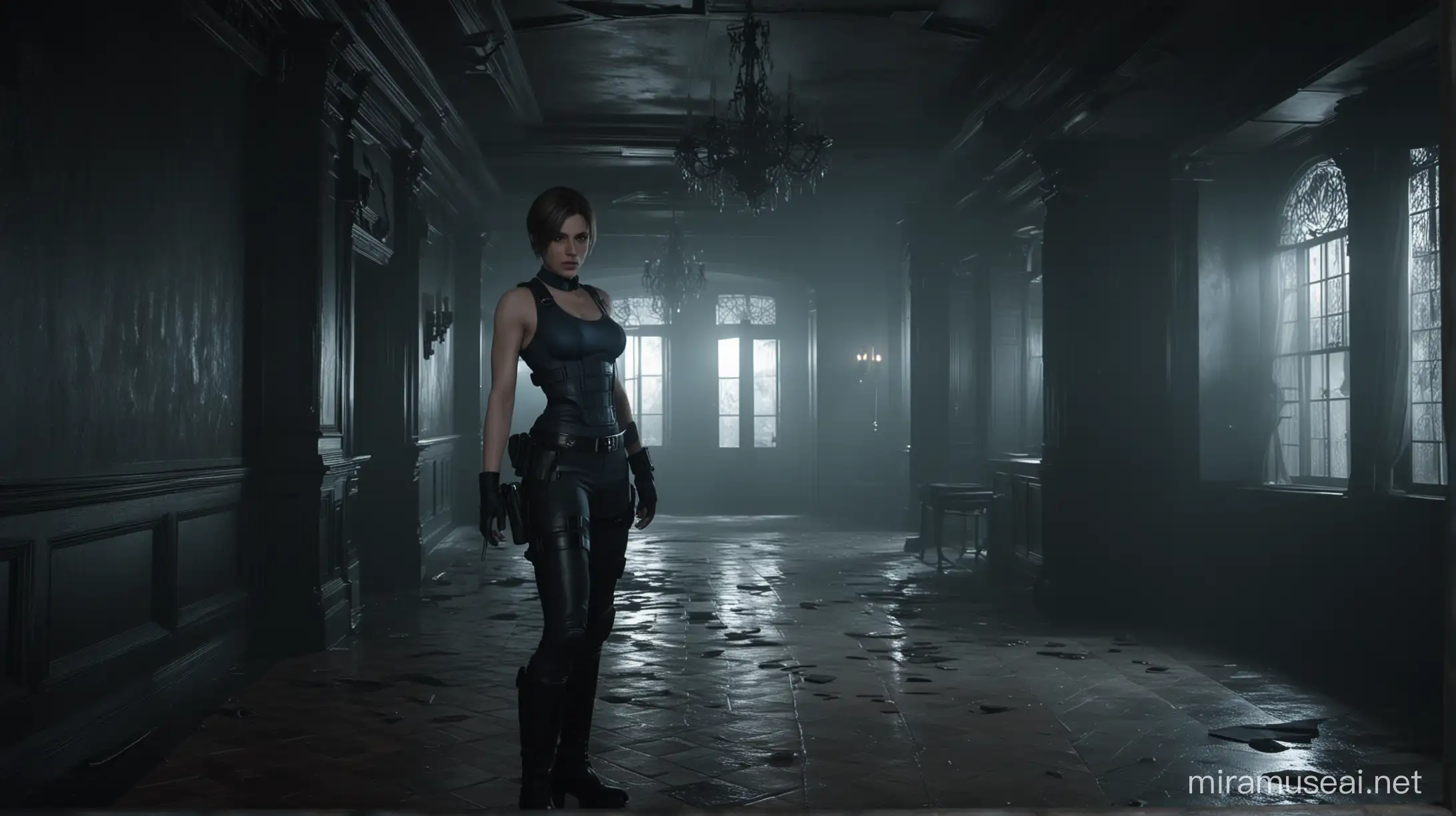 Cinematic Resident Evil Still Jill Valentine Explores a Dark and Ominous Mansion Interior