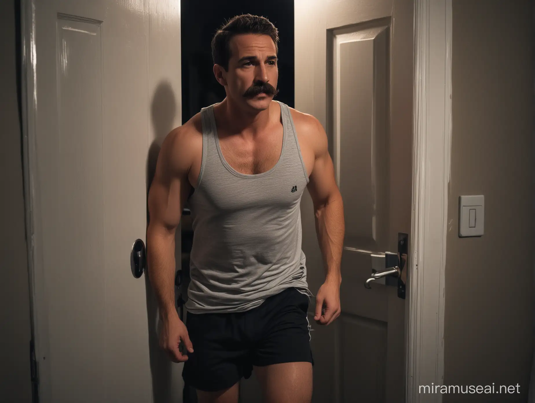 Un hombre con bigote con camiseta de tirantes y shorts abriendo la puerta del cuarto de baño oscuro en la noche 