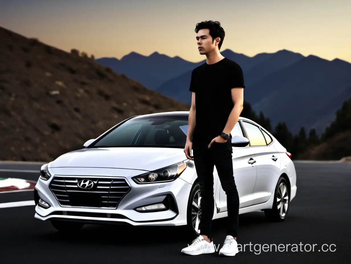 Scenic-Sunset-Drive-White-Hyundai-Solaris-2017-Sedan-with-Stylish-Driver