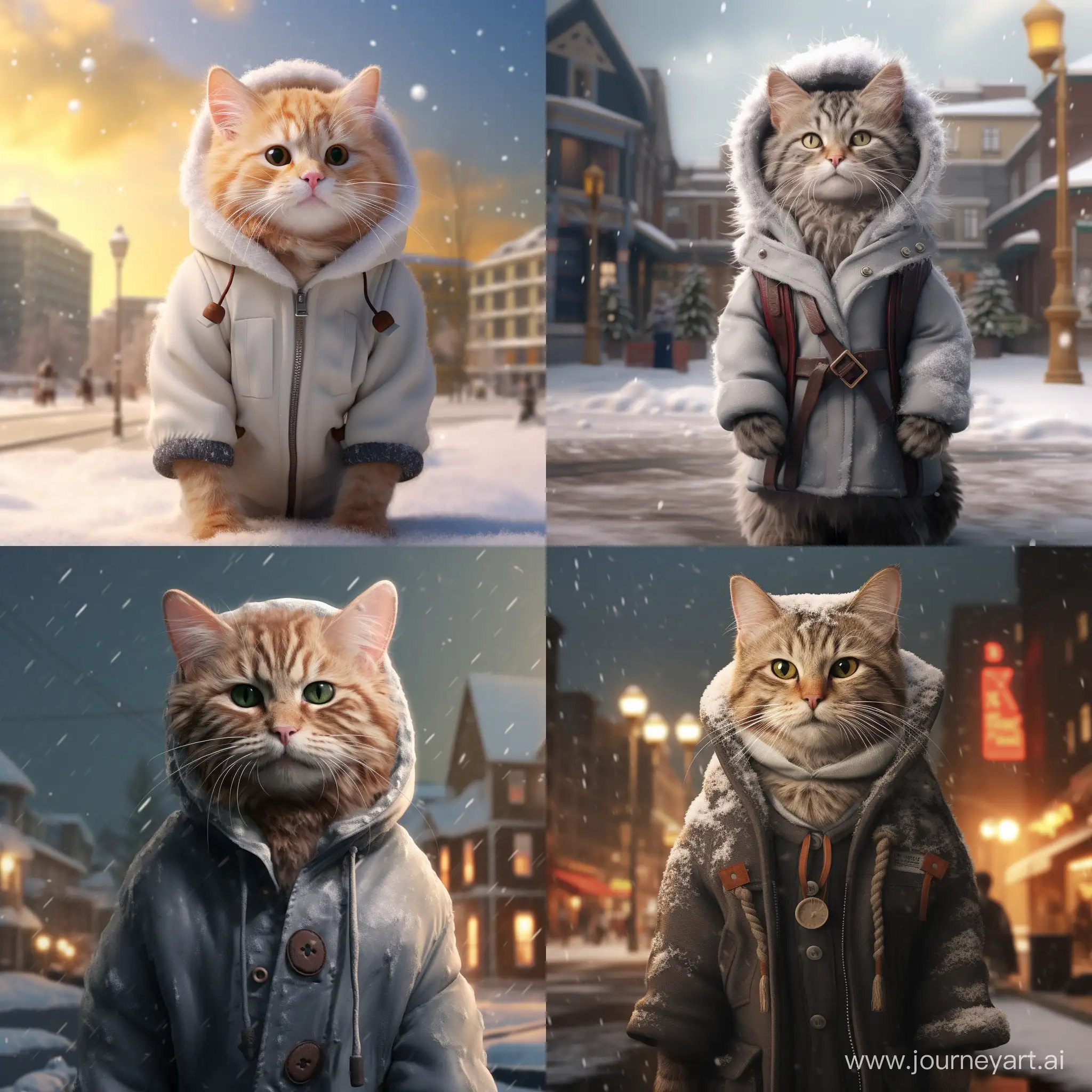 Realistic cat wearing a coat in snow city