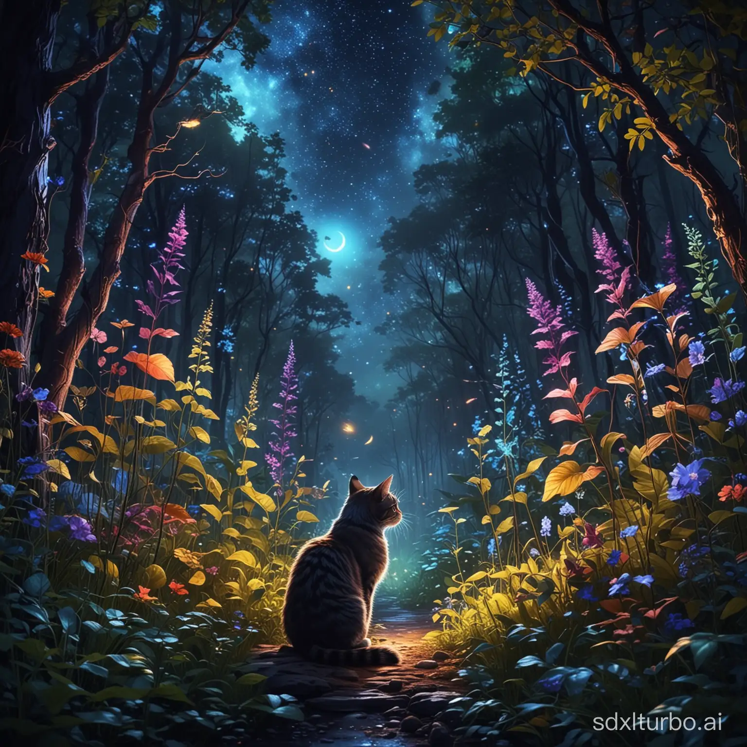 There are all kinds of plants and cats in the forest. Mysterious light, night sky, glowing plants, breeze blowing. Fantasy style, bright colors