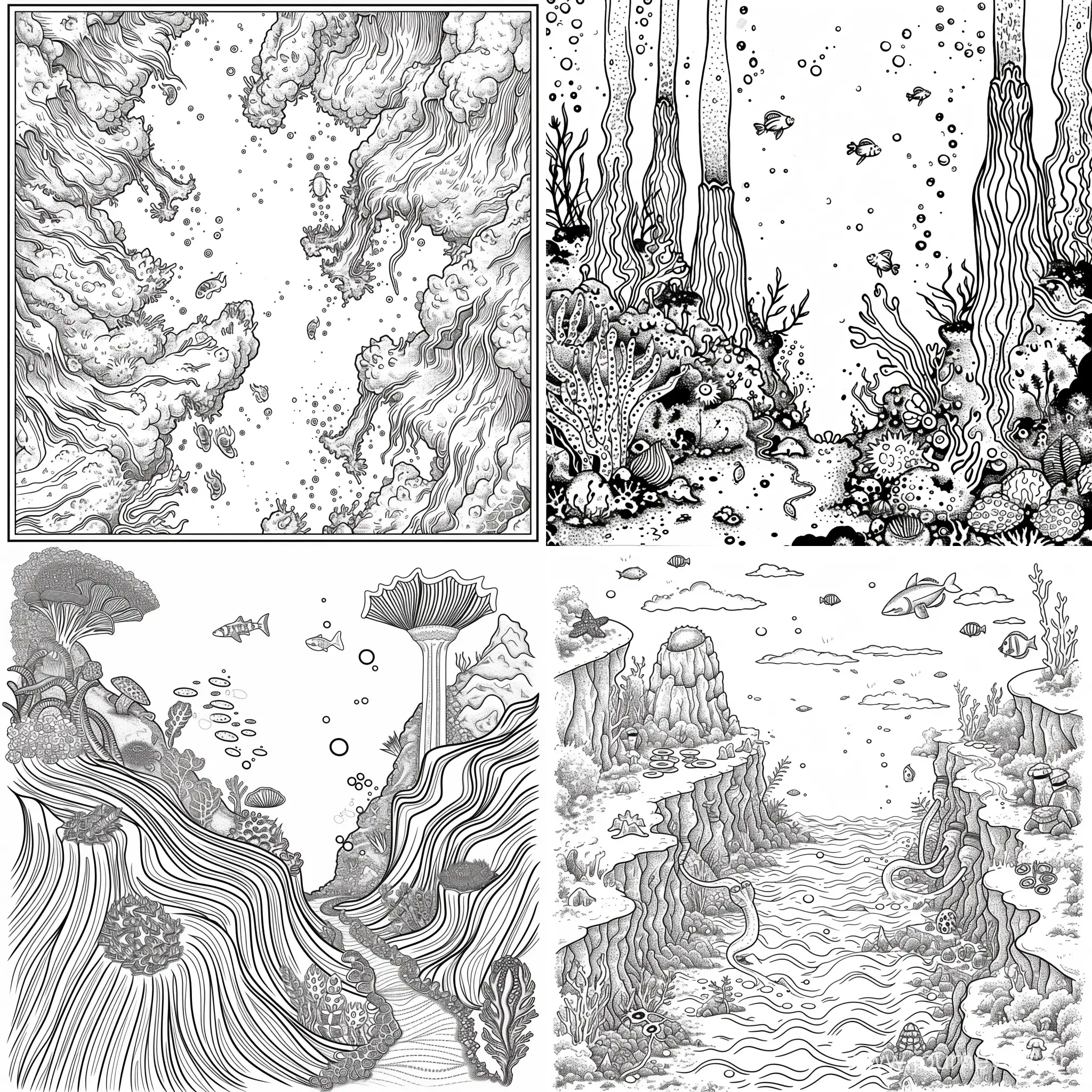 coloring book page, Underwater Volcanic Vents Teeming with Life
, Black and white, white background