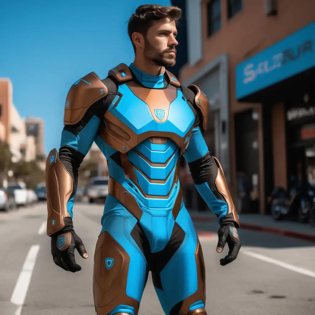 fit man, sky blue and bronze tech armor suit, sky blue and bronze tech shield, sky blue and bronze tech club, street, day