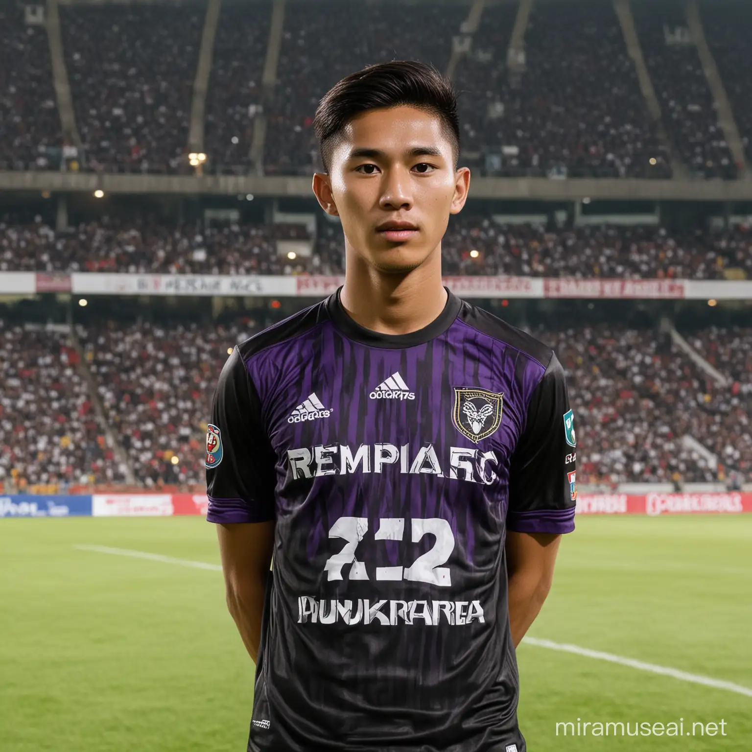 photo of a 23 year old Indonesian soccer player, wearing a black and purple team shirt, with the words "REMPAS FC" on the front of the shirt, the background is the Gelora Bung Karno Jakarta soccer stadium