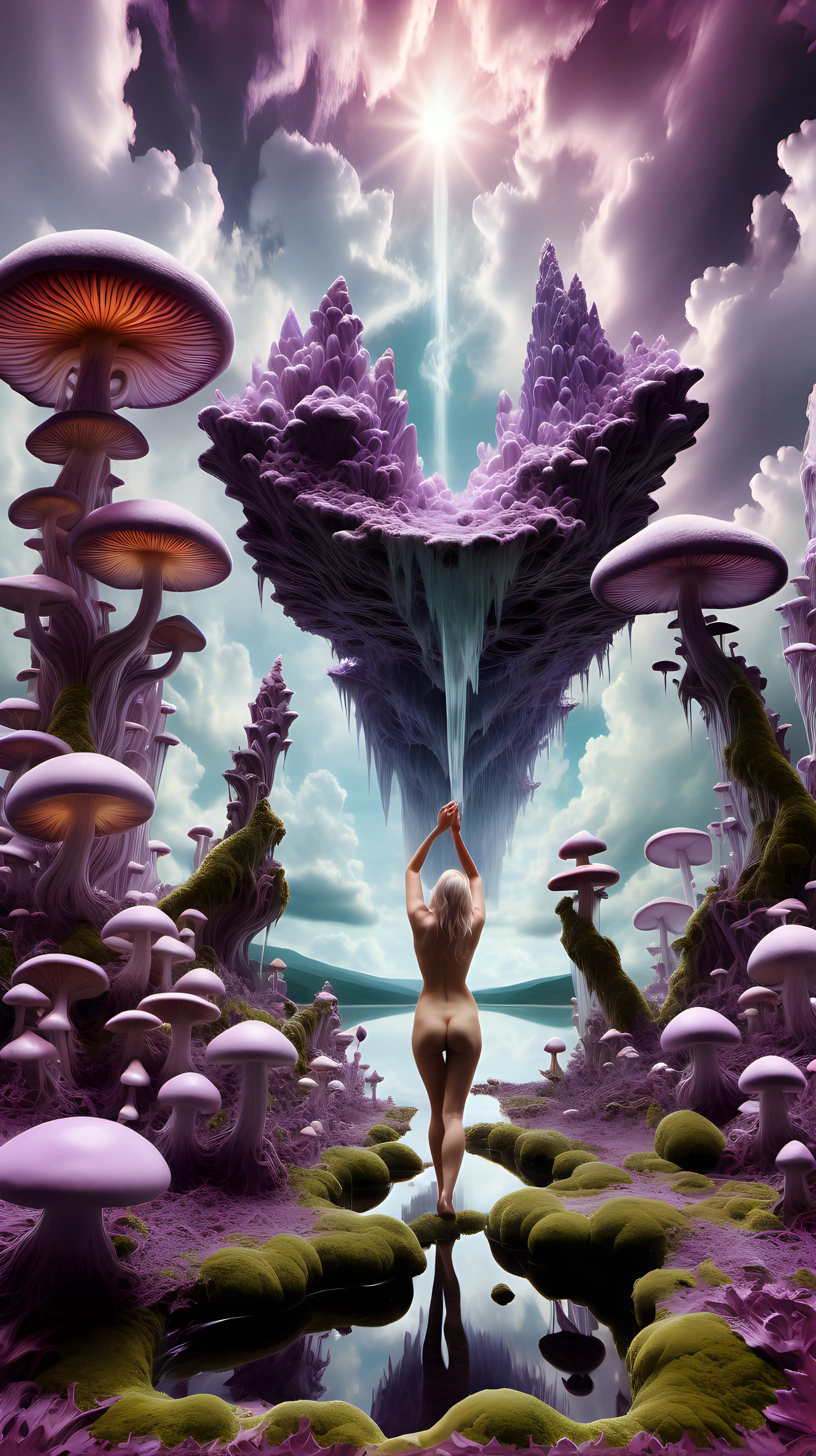Psychedelic landscape, crystalline purplish mineral clouds, with nude woman ascending up into the sky, Moss, mushrooms, and water on the ground