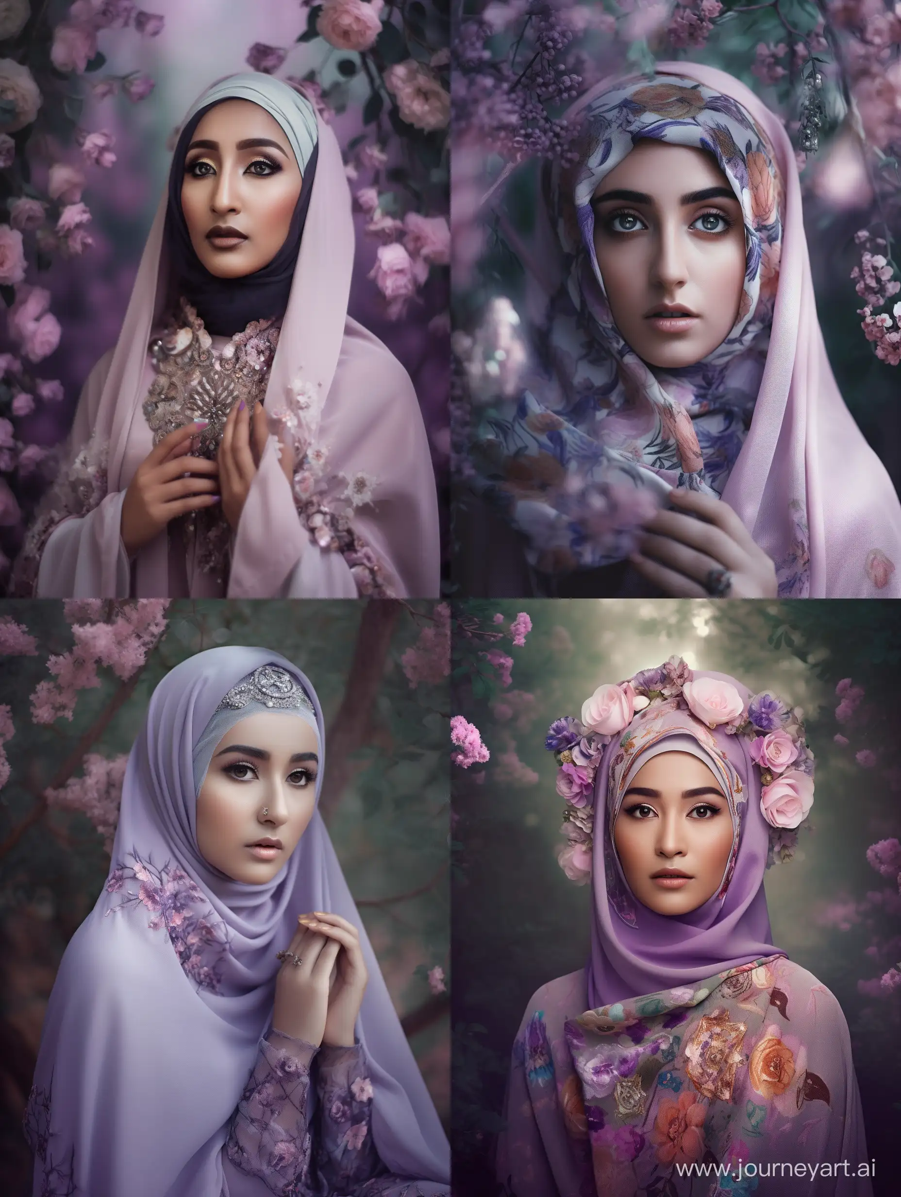 Create a Mystical portrait series set in an enchanted forest. The medium should involve ethereal shots captured on Mystic aura fil. The main subject is a 26-year-old individual expressing an enchanting emotion wearing hijab, with lavender eyes. The photos should capture the subject communicating with magical creatures, dressed in flowing robes with pastel shades. The accessories include a crystal tiara and elfin ear cuff. Ensure that the lighting includes a soft glow from bioluminesence plants. --ar 3:4 --v 5.0