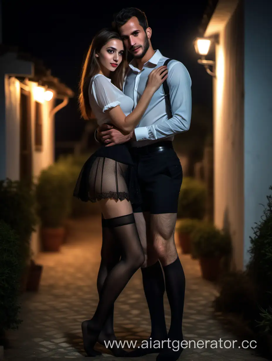 most beautifull stunning hourglass tall yael cohen,wearing Sheer black stockings a short tight fitting skirt, which contrasts with a crisp, white blouse.,hug her boyfriend at village house in night time, shallow depth of field, cinematic lighting, photorealistic, (((cinematic look))), photographed on a sony a9 ii mirrorless camera, (highly detailed:1.2), (soft focus), hdr, 8k resolution