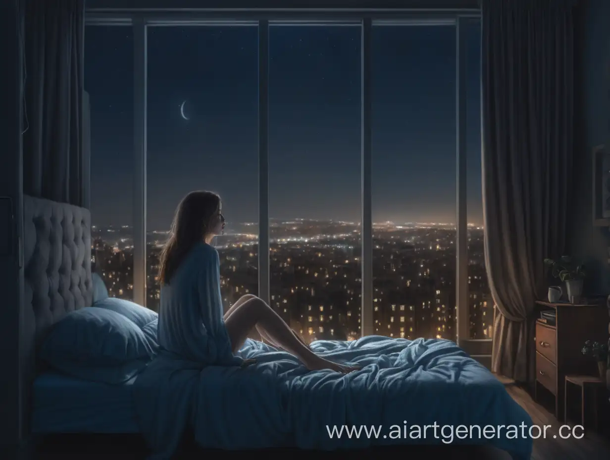 одинокая молодая женщина ночью взлетает над своей кроватью за окном ночной город