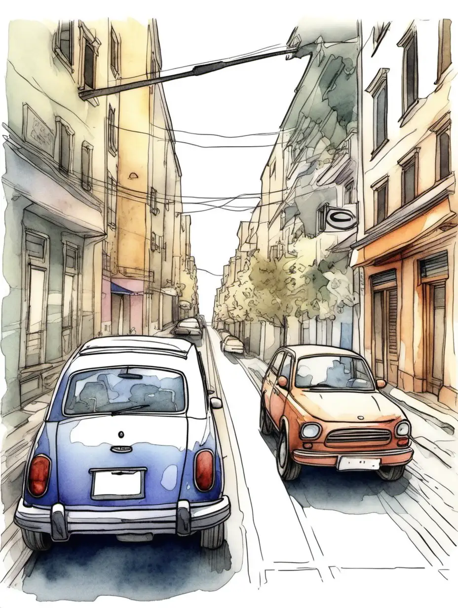 Drawing of the street where the center is a car, line and watercolor style.