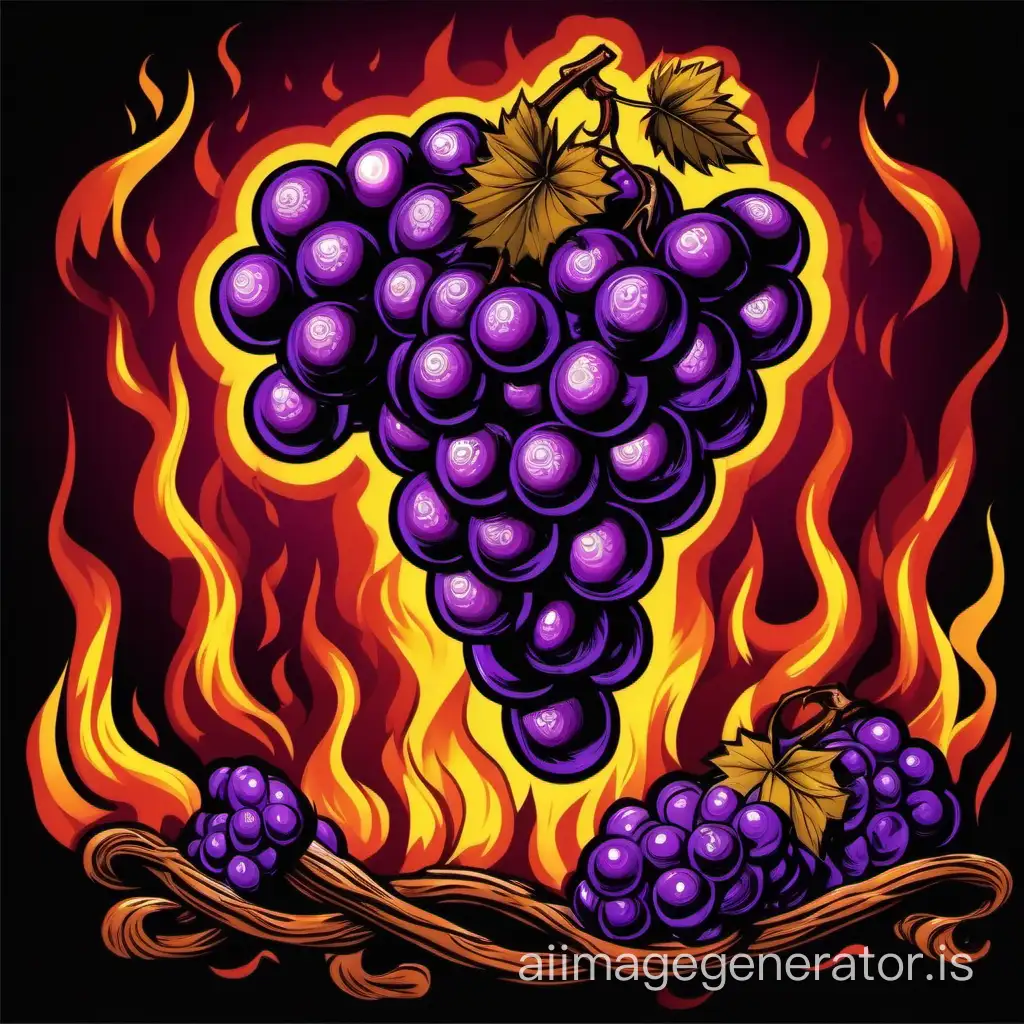 a bunch of purple grapes surrounded by flames, American traditional style