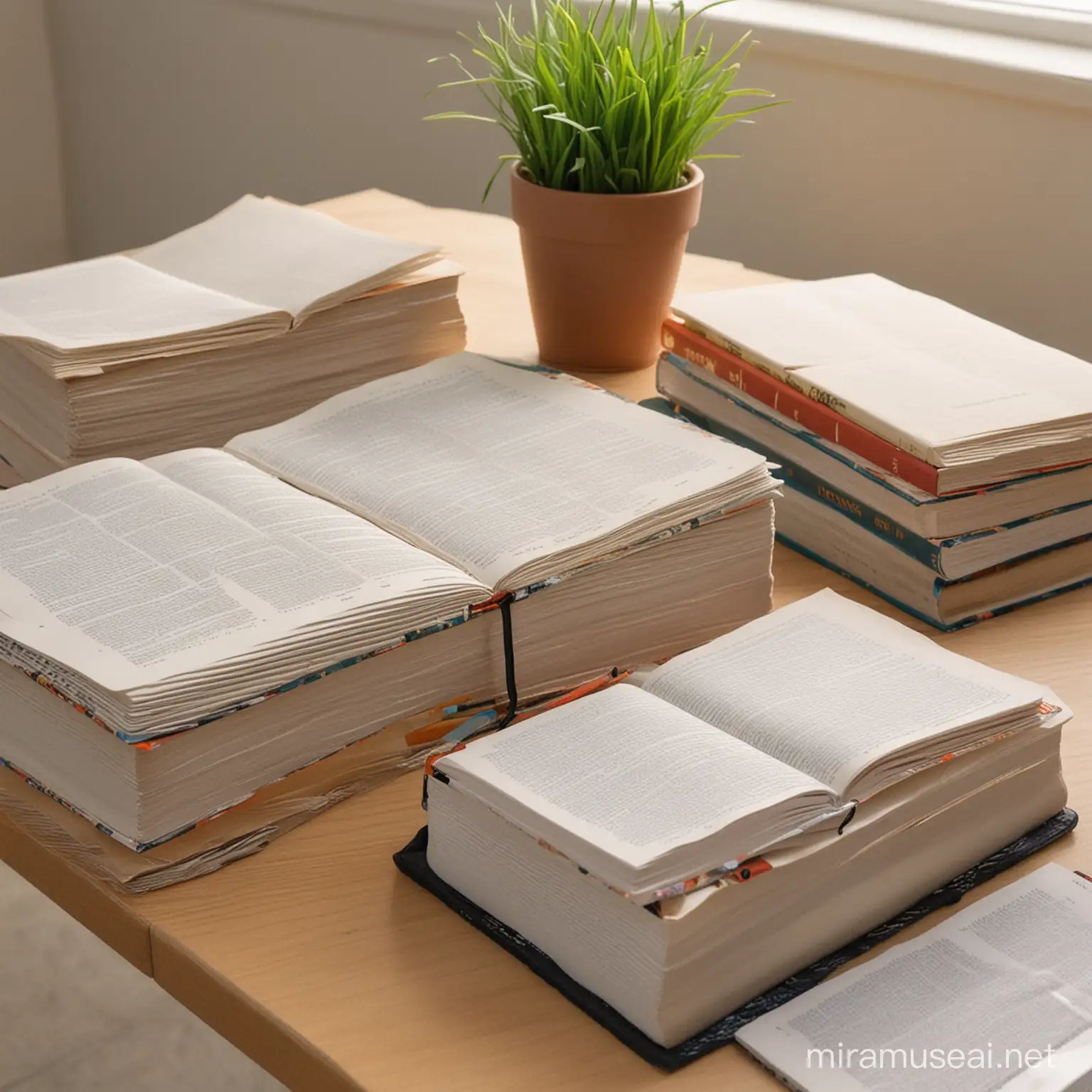 a table with numerous modern, hardcover, full-color English language textbooks, dictionaries, and notebook loose-leaf sheets; books are not neatly placed; someone has used them for studying;