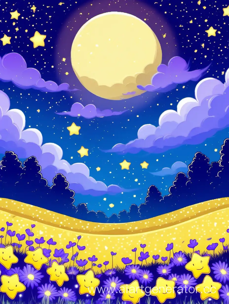 Ночной фон, желтые звезды, милая желтая неполная луна, милые облака, поляна с голубой поверхностью, синие холмы, синие деревья, милые фиолетовые цветы, вертикальное изображение.