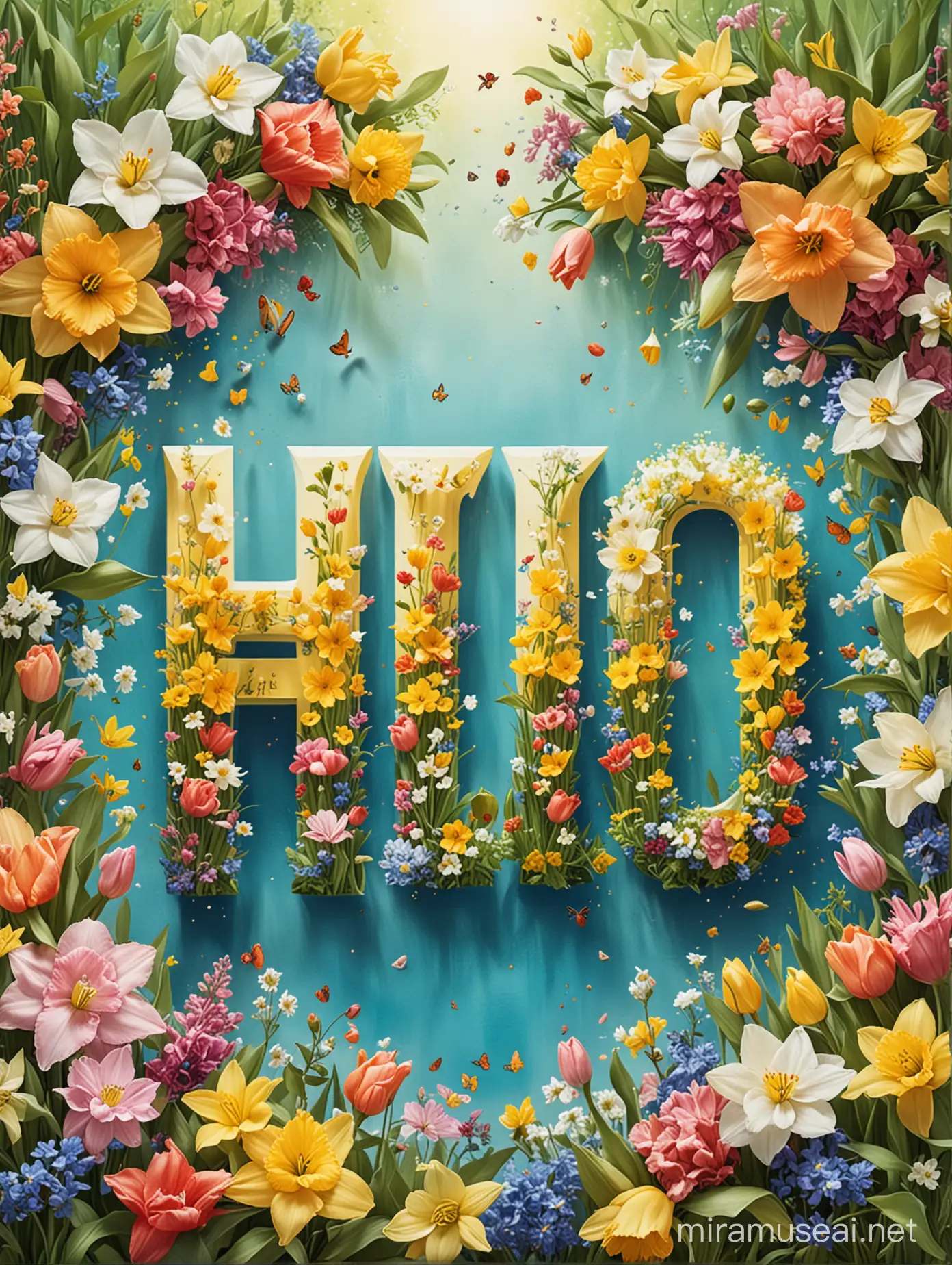 color photo of a vibrant and enchanting "Hello Spring" poster, bursting with the spirit of the season. The poster features a delightful array of blooming flowers, showcasing their vivid colors and delicate petals. The flowers may include daffodils, tulips, cherry blossoms, or any other springtime favorites, creating a visual symphony of nature's beauty. The background of the poster may be adorned with lush greenery or a bright blue sky, enhancing the overall sense of freshness and renewal. The typography used for the words "Hello Spring" is playful and inviting, capturing the excitement and anticipation that comes with the arrival of this joyful season. This poster serves as a cheerful reminder of the beauty and vibrancy that spring brings, inviting viewers to embrace the new beginnings, the blossoming nature, and the contagious sense of optimism that fills the air. It celebrates the arrival of spring and invites everyone to join in the celebration of nature's awakening.