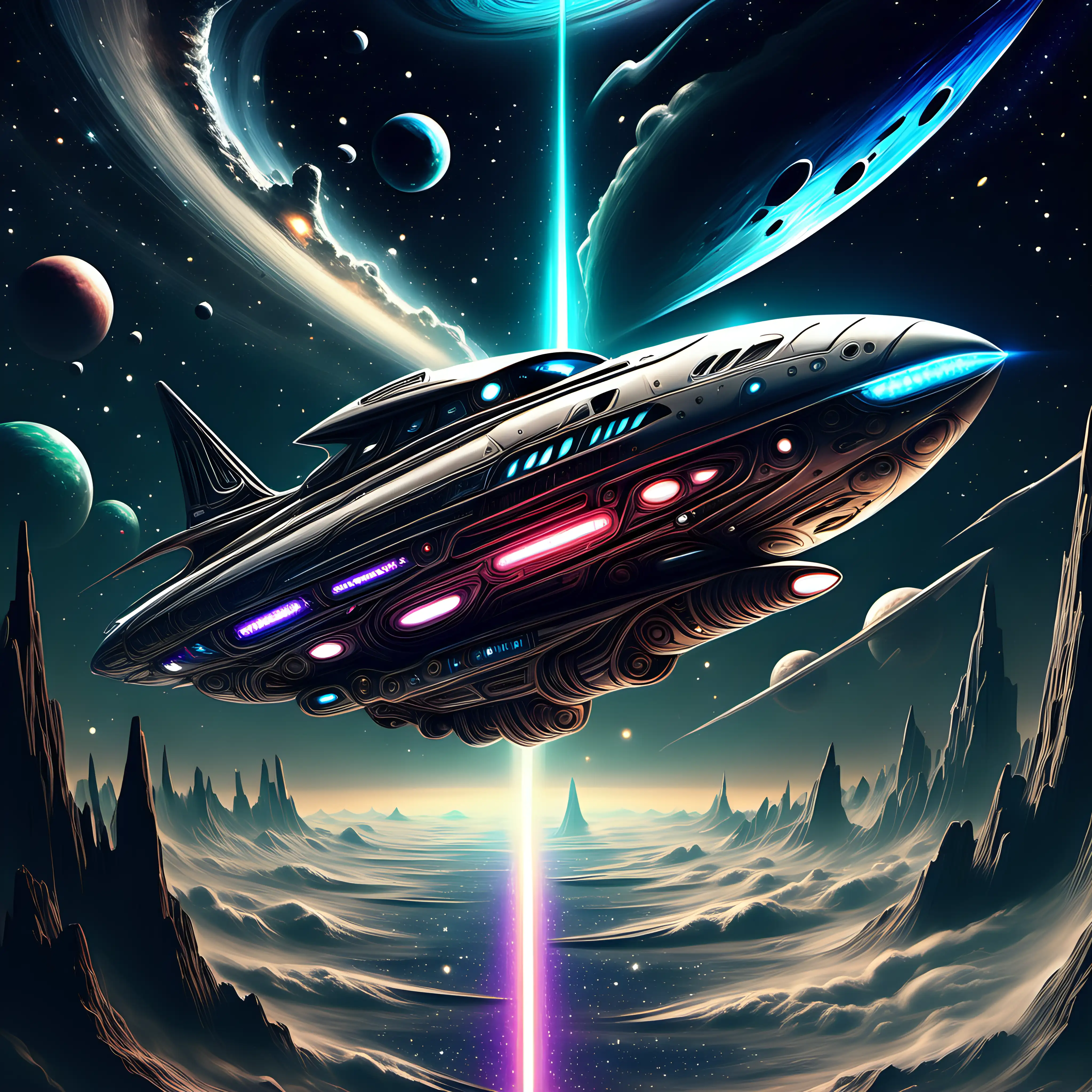 "Craft an AI artwork that transforms the mundane into the extraordinary, taking inspiration from [ blinking stars in tranquility with an alien space ship in supersonic realism] and infusing it with surreal, fantastical elements."HD, High Quality
