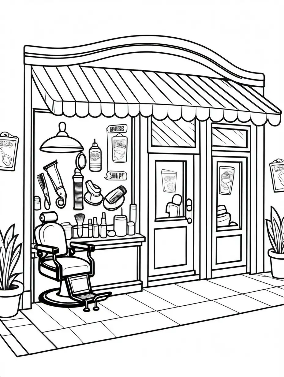barber shop, Coloring Page, black and white, line art, white background, Simplicity, Ample White Space. The background of the coloring page is plain white to make it easy for young children to color within the lines. The outlines of all the subjects are easy to distinguish, making it simple for kids to color without too much difficulty