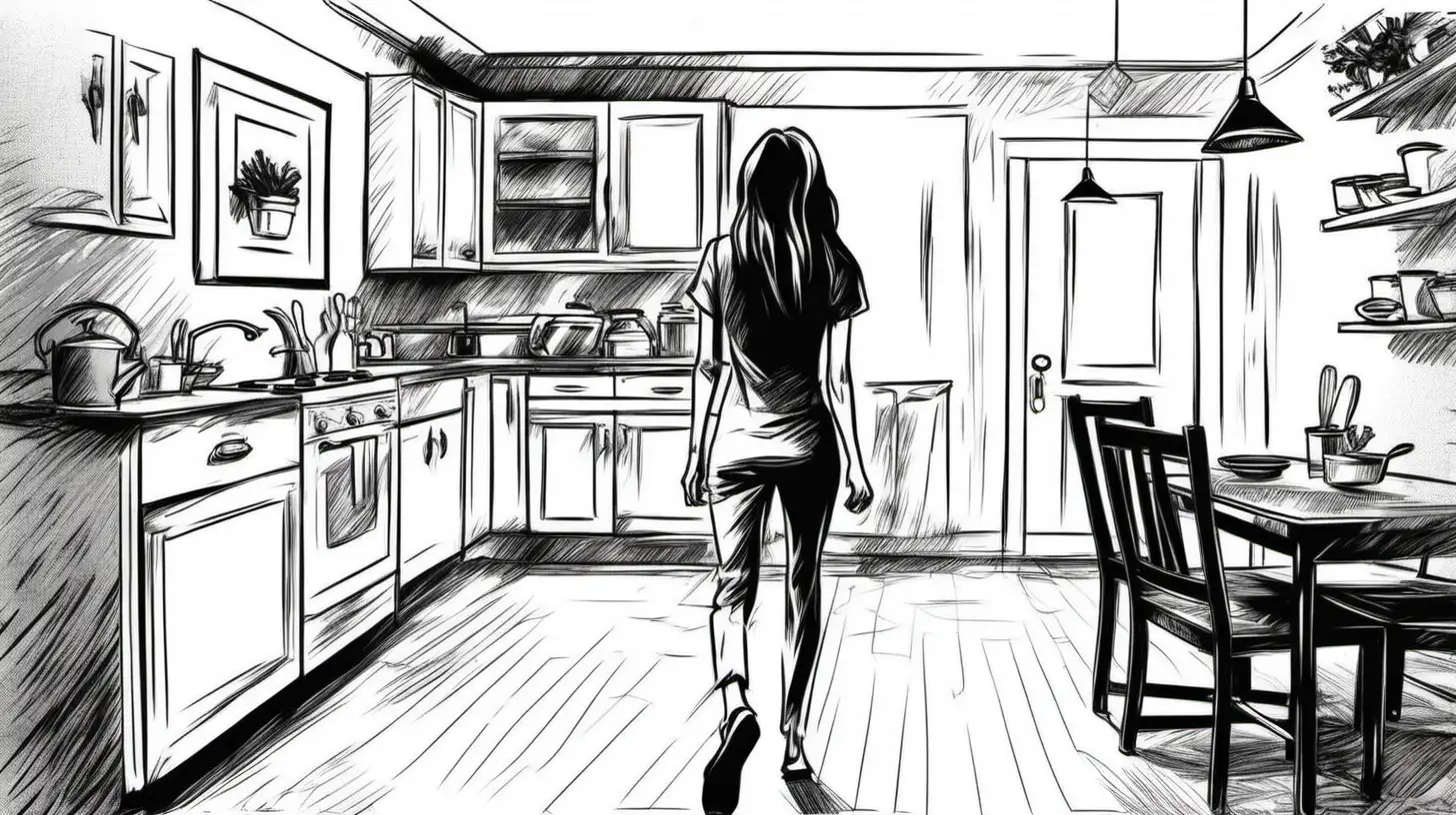 Young Woman Entering Kitchen Monochrome Sketch Style Scene