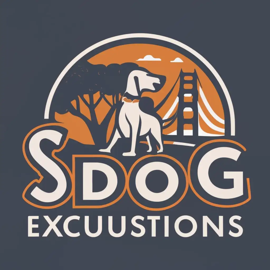 logo, dog, golden gate bridge, tree, with the text "S.F. Dog Excursions", typography, be used in Animals Pets industry