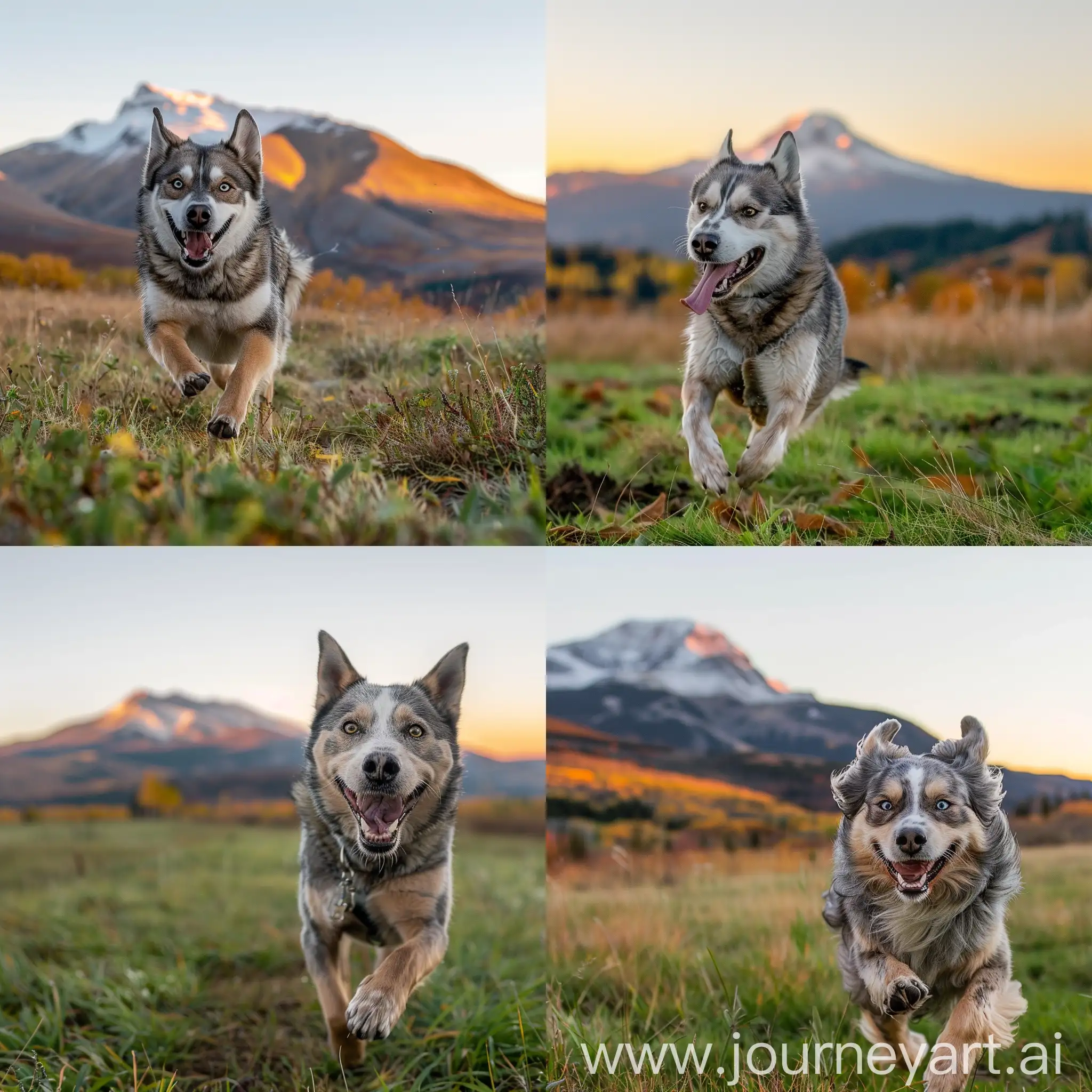 husky dog with gray and brown fur with small white areas happily running through a field in autumn green grass around where a snow mountain can be seen in the backdrop and the sky is clear on a sunny evening almost before twilight orange and yellow glow