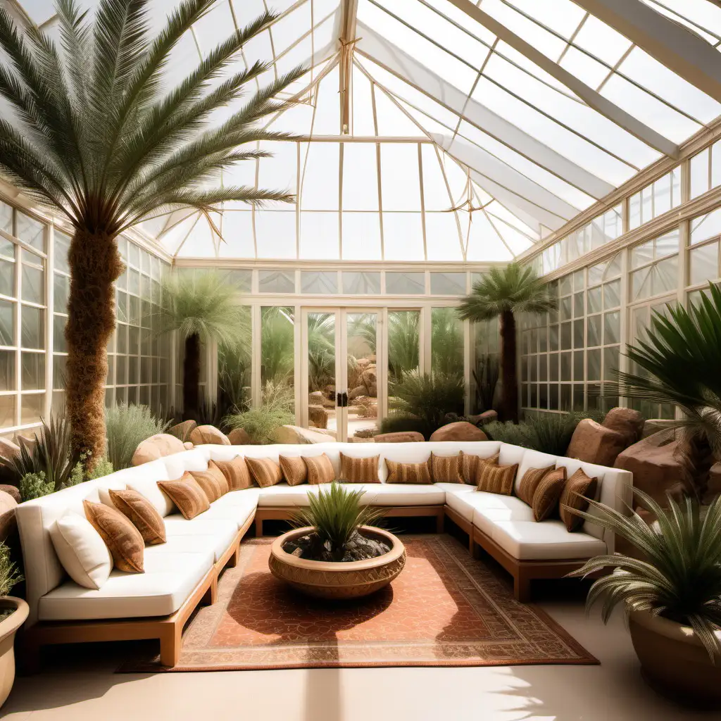 arabian desert gable style greenhouse with native plants to arabian desert. featuring an indoor man made stream, ghaf trees, dragon trees, and date palms. majlis sofa cushion for seating areas.