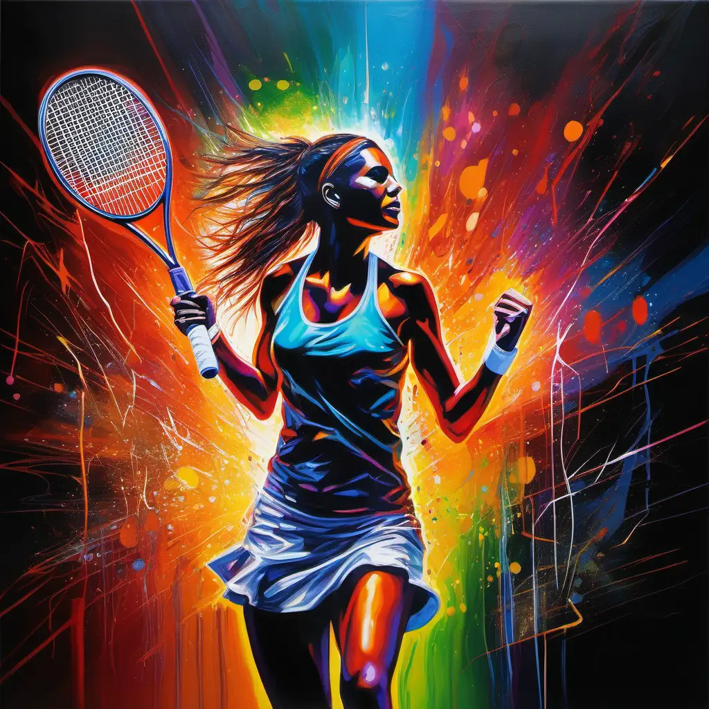 In a mesmerizingly vivid portrayal, an electrifying female bursts to life on the canvas, its acrylic strokes dripping with radiant colors. Paay tenis. The main subject of this incredible painting is a alluring woman, captured from a unique perspective that immerses viewers in her endowed figure. Every detail, meticulously crafted, showcases the seamless blend of technology and art in the surrounding environment, creating a truly immersive experience. The image, a high-definition painting, seems to pulsate with energy, with neon lights flickering and holographic displays coming to life, inviting observers into this electrifying virtual world.

