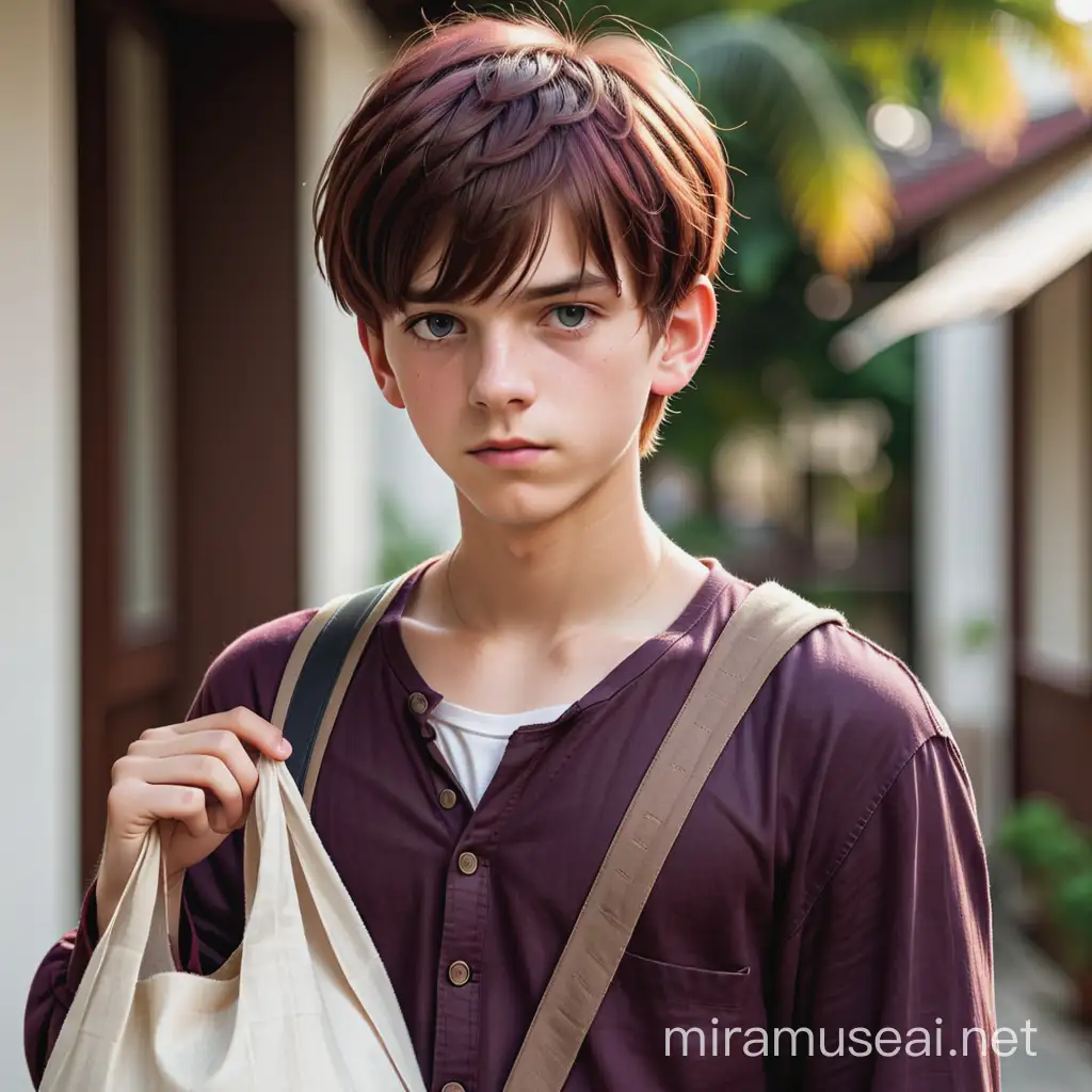 teenage boy with short burgundy hair, bangs, suspicious look, wearing pirate-style clothes, clean, no hat, holding a cloth bag 
