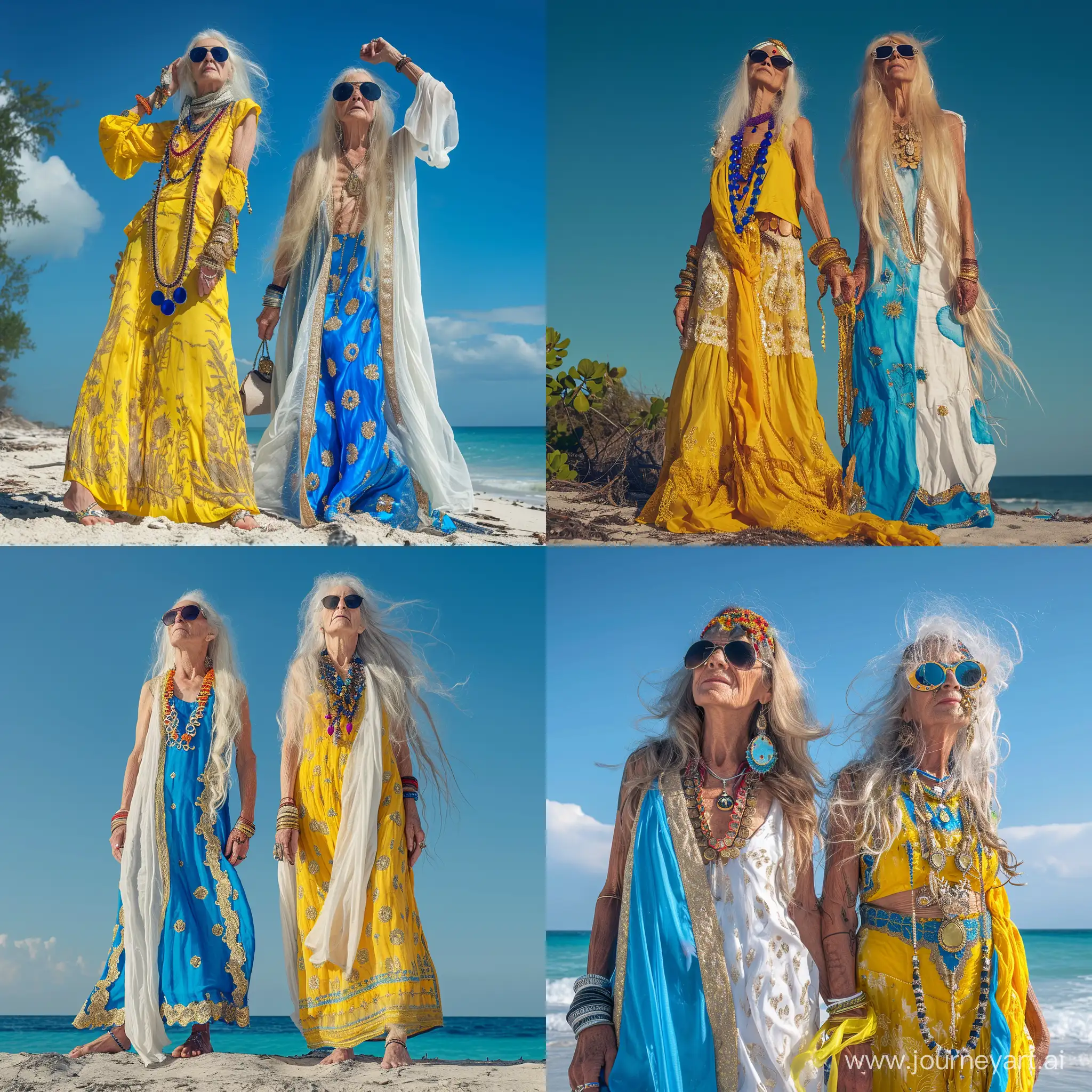   to  80 years old skiny hippies ladys colorfull  wild long hair  old fashion sunglasses  yellow in india dress bleu whit gold    standing at the beach and   sky  bleu  fotorealistisch 50mm fuji xt2 low angle
