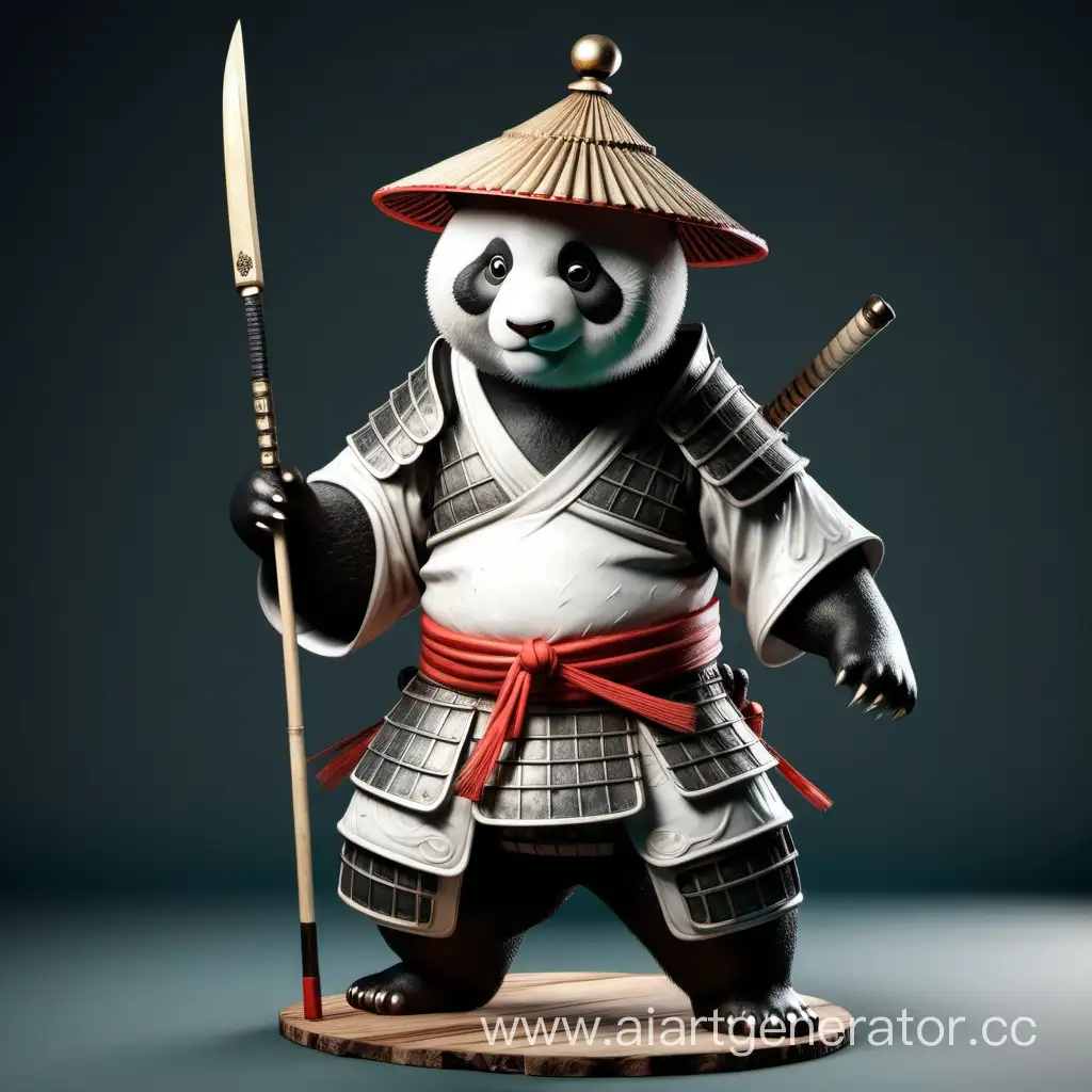   панда стоит на задних лапах, как человек. Одета в самупайский костюм, На голове круглая китайская шляпа, броня частично сделана из дерева, одной рукой держит глефу