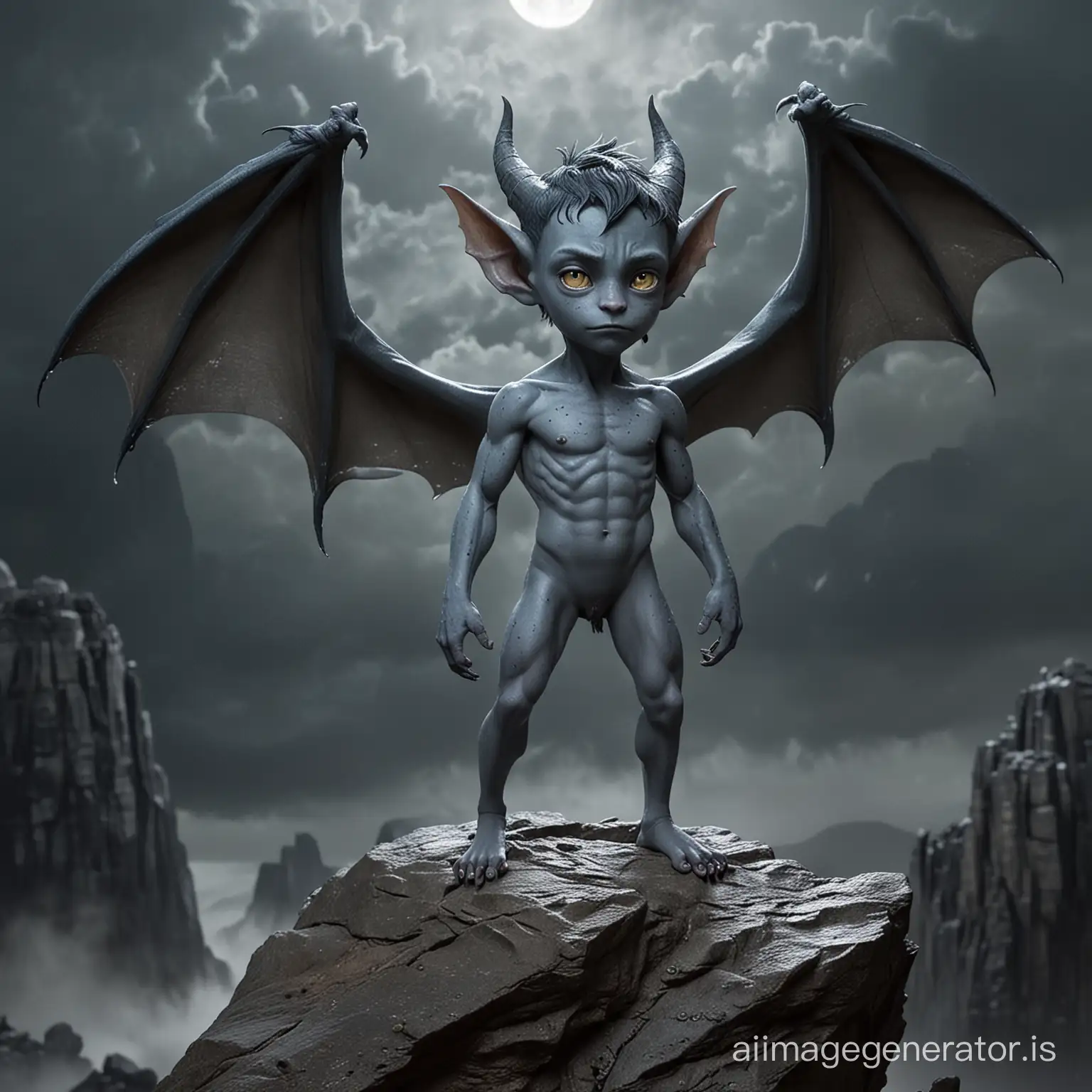 A naked boy with very smooth grey-blue skin and some freckles. He has bat-like wings and a tail. He is thin. He has pointed ears. He has dark hair. He has claws instead of fingers and toes. Two natural small horns without structure grow from his forehead. He stands on a rock in a dark, cloudy night like a gargoyle. Show the entire boy in a full shot.