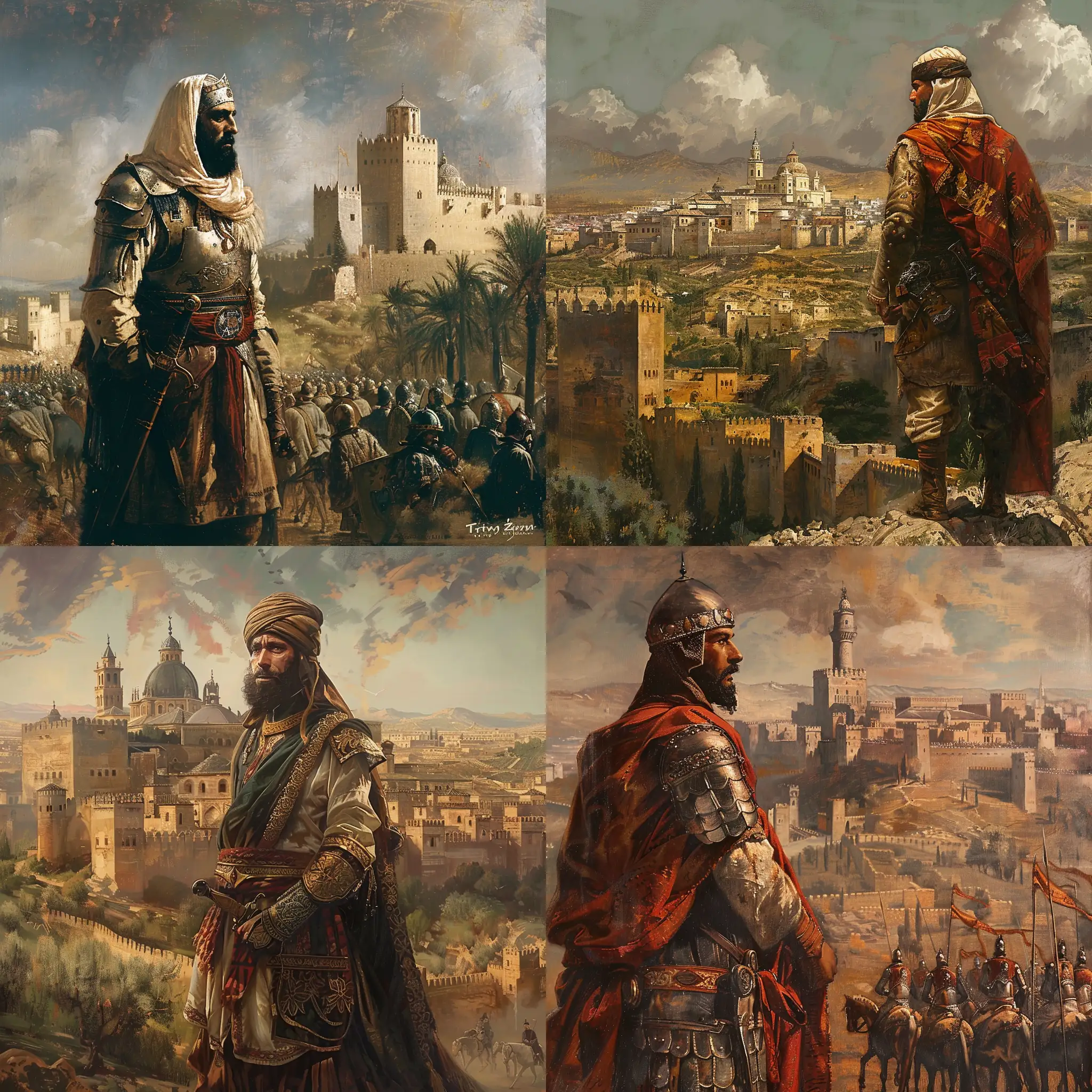 Tariq Ibn Ziyad, the conqueror of Spain, standing in front of Andalusia, artistic style