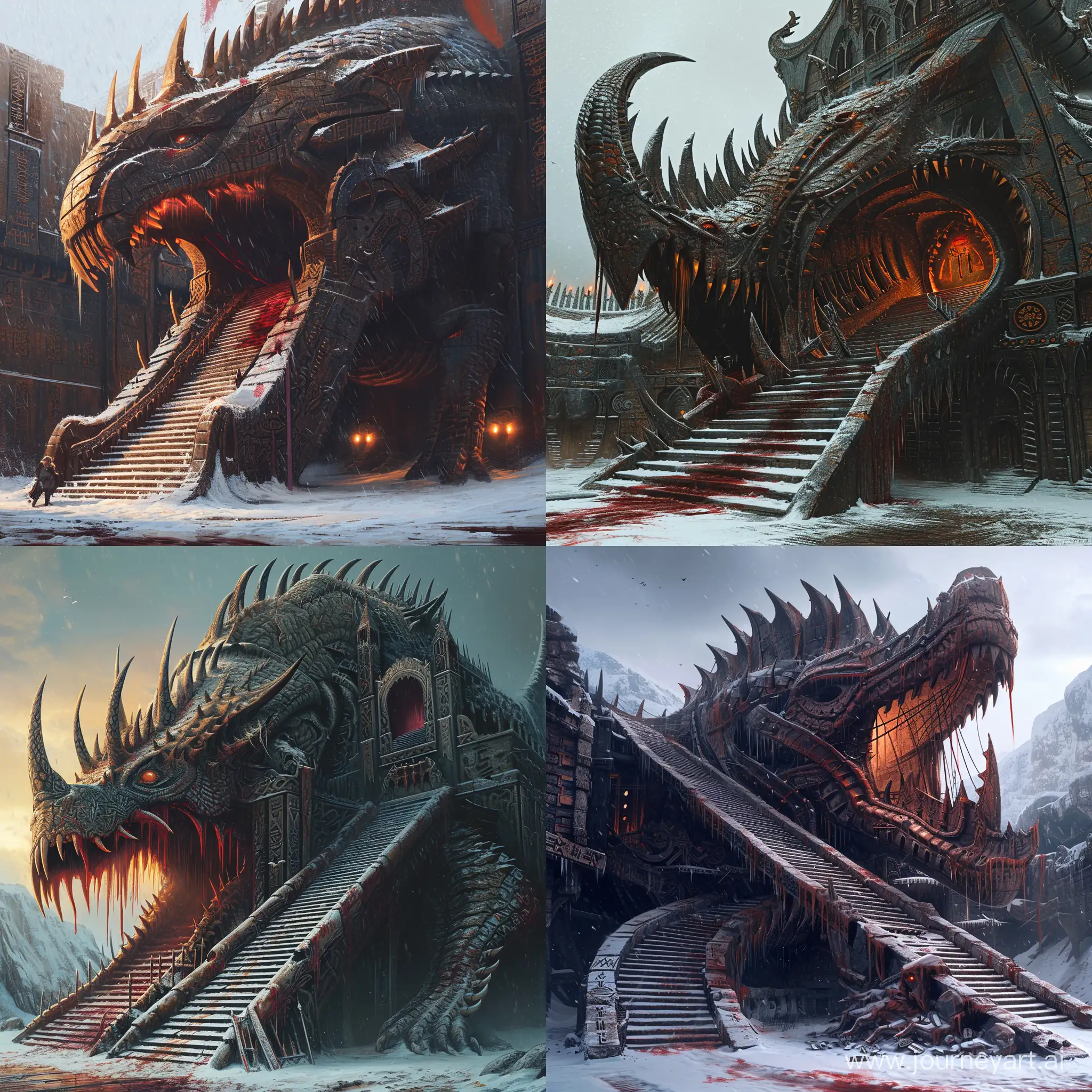 Huge Viking building in the shape of a dragon with scales and blades on its back, huge staircase leading to the mouth of the dragon,blood, snow, Runic letters, intricate carvings, incredible detail,warm light,terrifying.