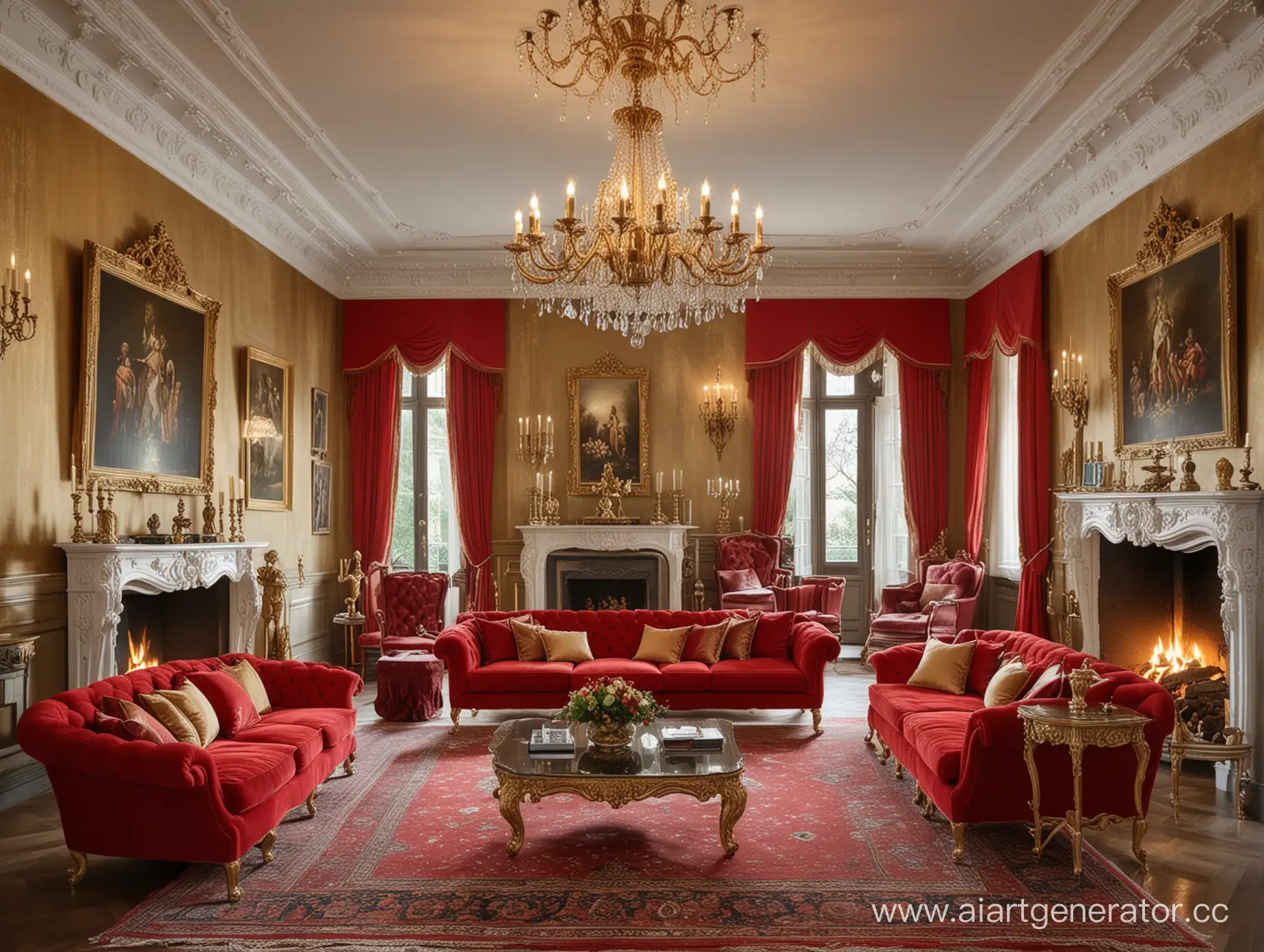 роскошная гостиная,люстра,красный диван,камин,канделябры,картины на стенах,богатство,золотые украшения