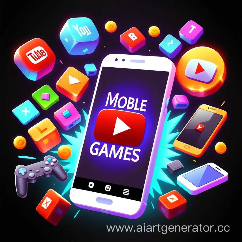 Иконку для YouTube, с надписью mobile games, яркая, телефон, игровые персонажи