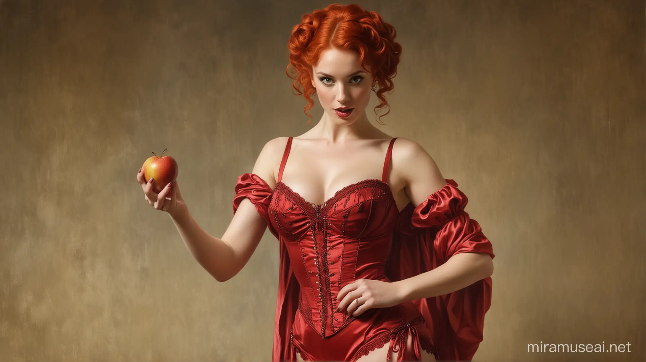 Seductive Burlesque Dancer in Crimson Garb Holding an Apple Inspired by John Colliers Lilith